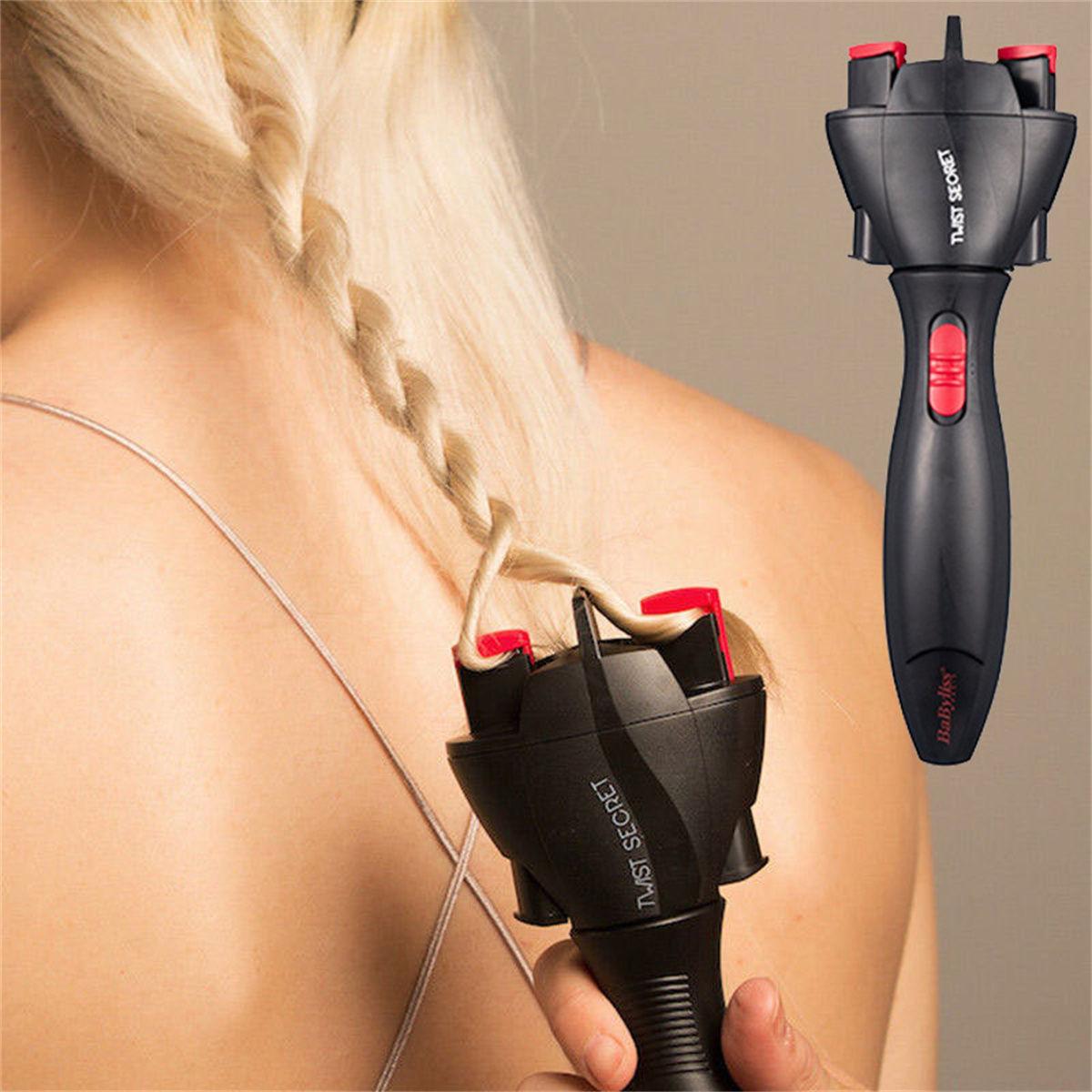 Eine Frau flechtet Haare mit einem Babyliss Twist Secret Werkzeug, Nahaufnahme des Werkzeugs.
