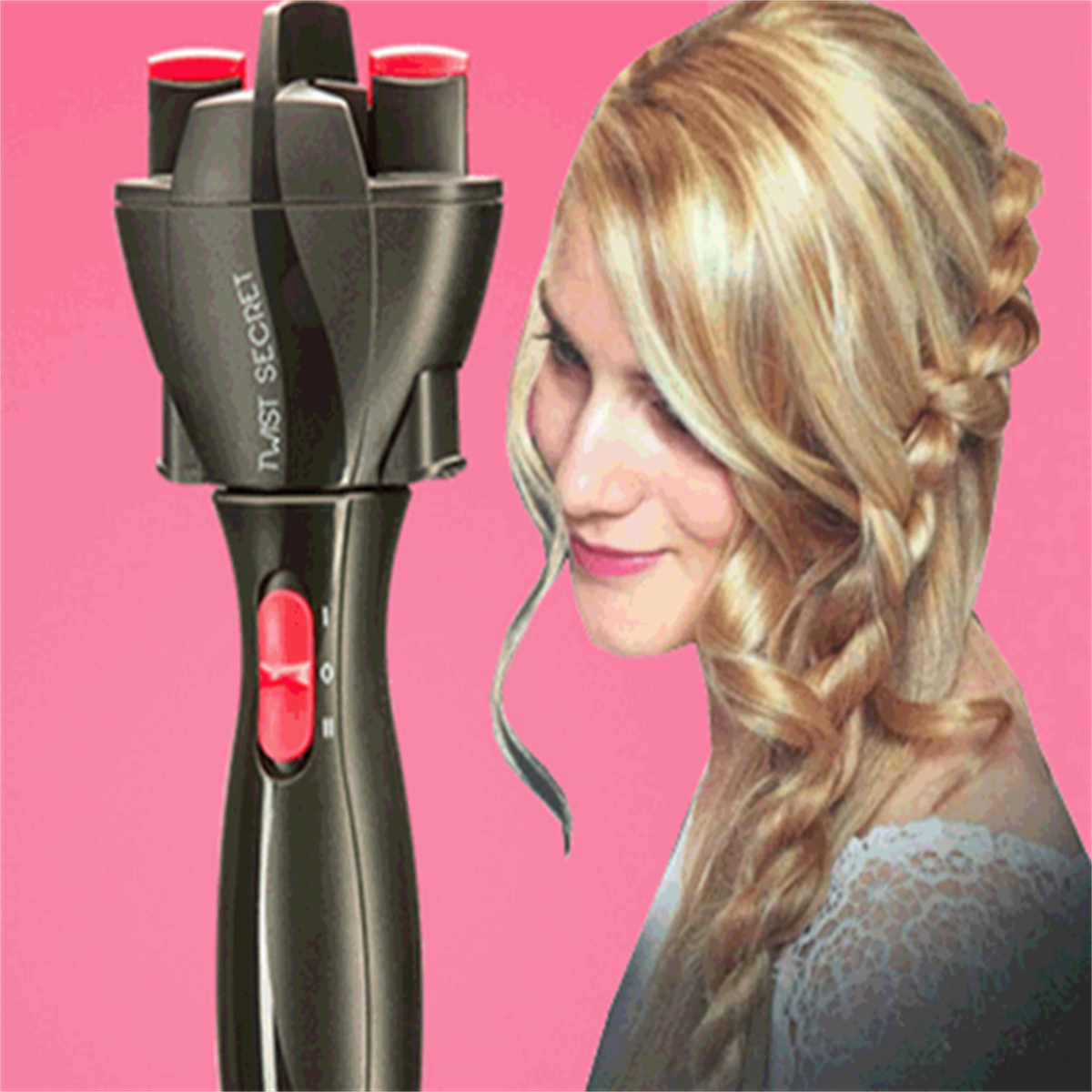 Frau mit blonden Haaren, die ein Twist Secret Haar-Flechtwerkzeug benutzt. Rosa Hintergrund.