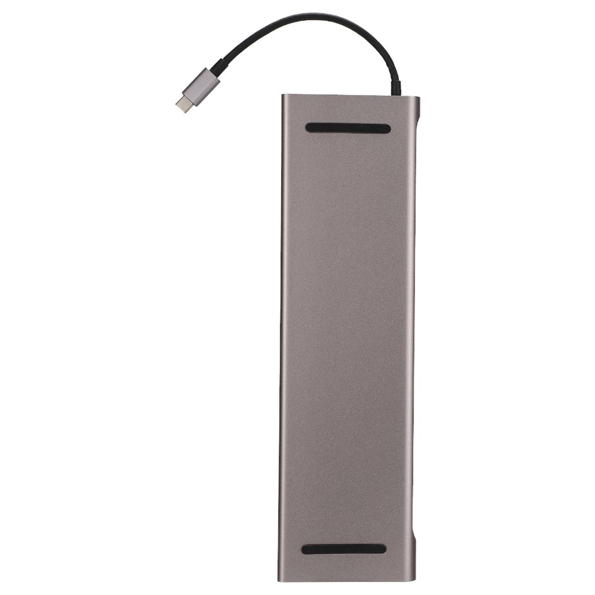 Grauer USB-C-Hub mit angeschlossenem Kabel. Weißer Hintergrund.