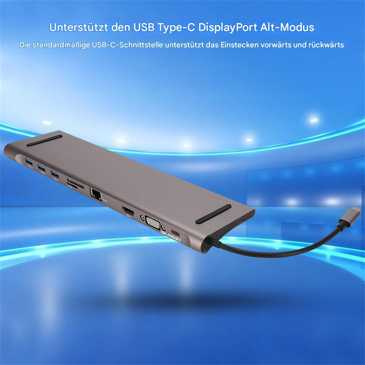 Grauer USB-C-Hub mit mehreren Anschlüssen, verbunden mit blauem Hintergrund mit deutschem Text.