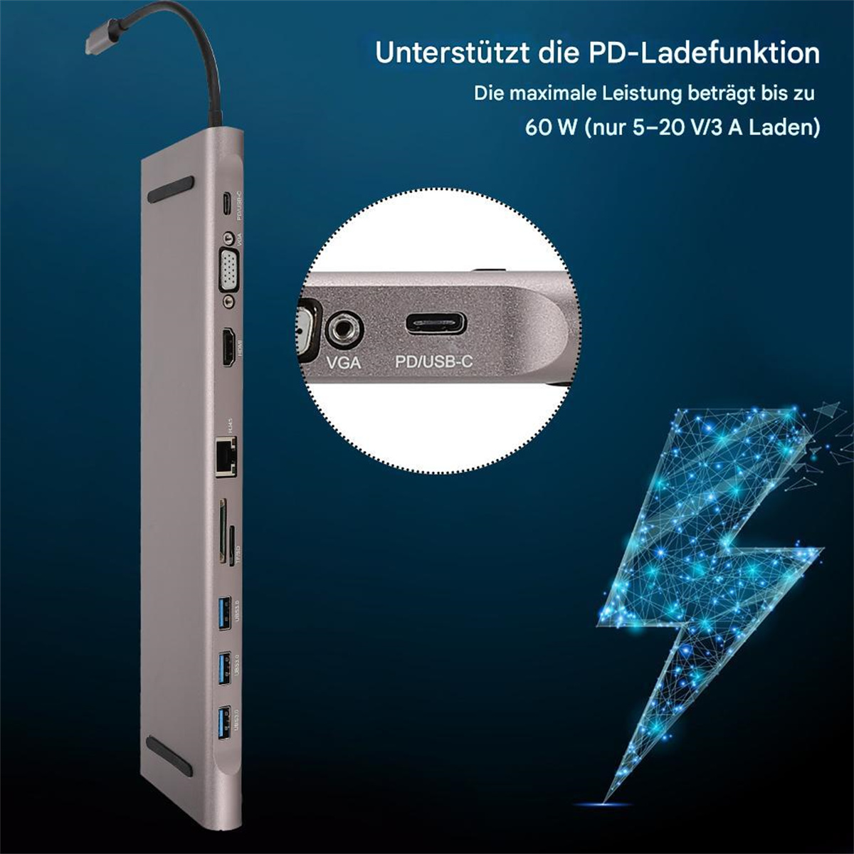 Grauer USB-C-Hub mit Anschlüssen. Der vergrößerte Bereich zeigt VGA- und PD/USB-C-Anschlüsse.