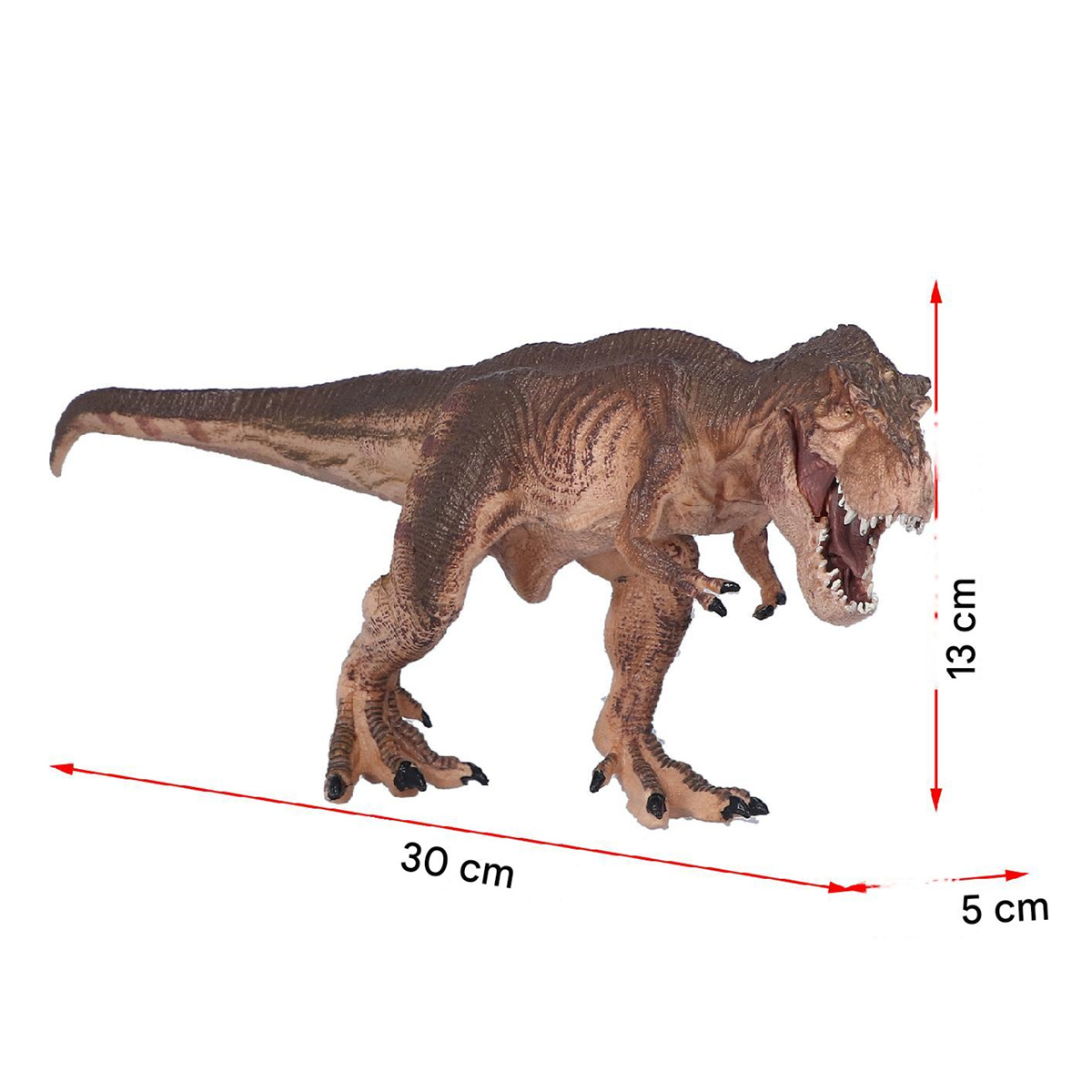 Ein braunes T-Rex-Spielzeug mit offenem Mund, Abmessungen sind beschriftet.