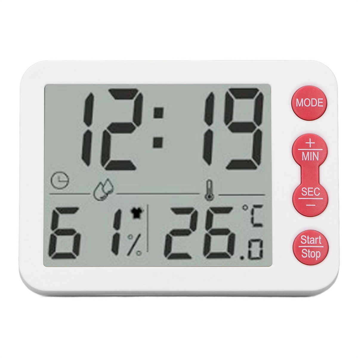 Weißer digitaler Timer mit Anzeige. Zeigt Zeit, Luftfeuchtigkeit und Temperatur.