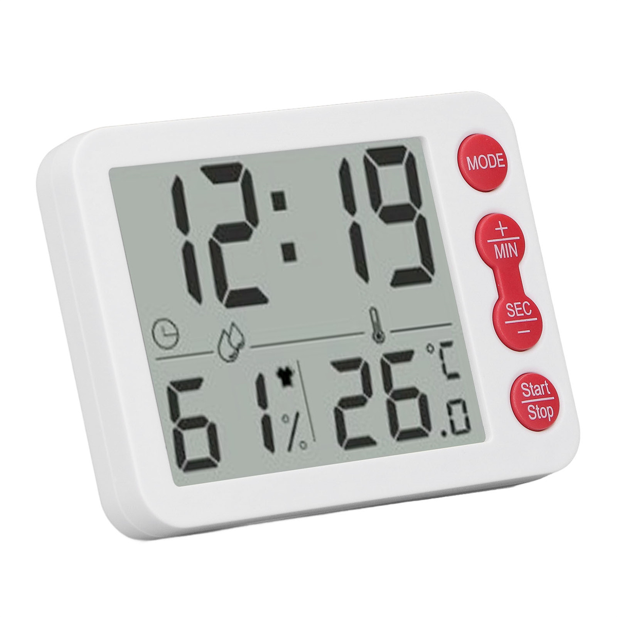 Weißer digitaler Küchentimer. Zeigt Zeit, Luftfeuchtigkeit und Temperatur an. Rote Tasten für Modus und Start/Stopp.