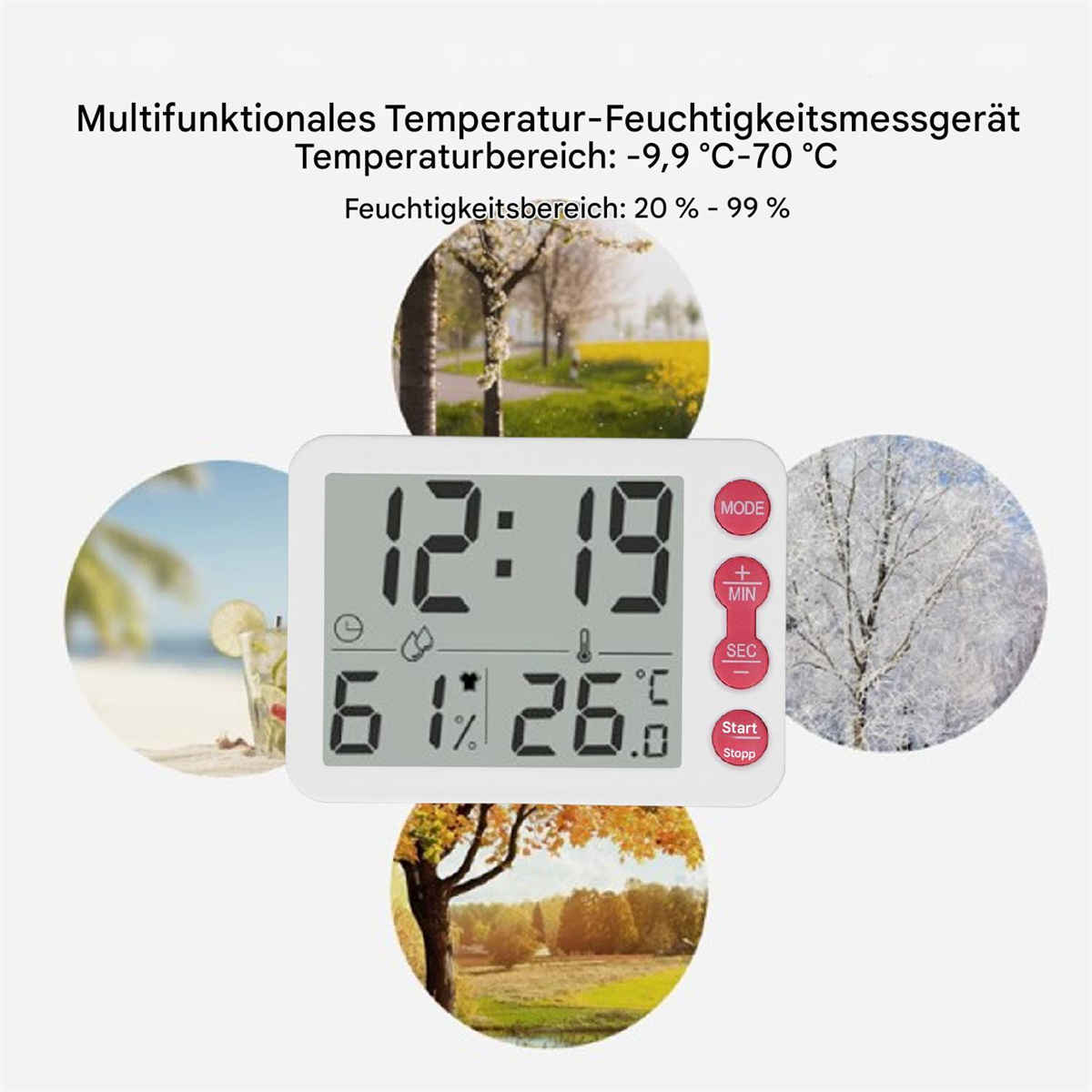 Eine weiße Digitaluhr, die Zeit, Luftfeuchtigkeit und Temperatur anzeigt, mit verschiedenen Hintergründen, darunter Landschaften.