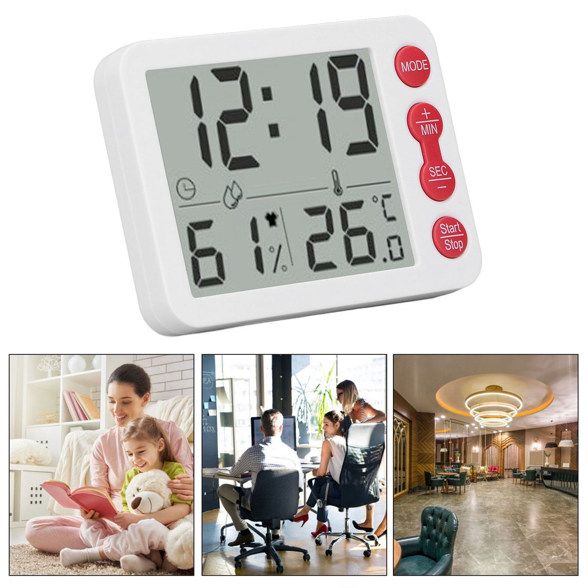 Digitaler Timer mit weißem Gehäuse, zeigt Zeit und Luftfeuchtigkeit. Enthält Fotos: Lesen, Büro und Innenraum.