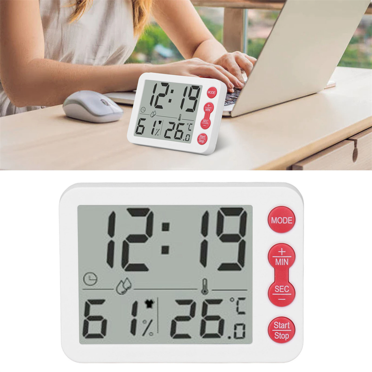 Ein Timer auf einem Tisch mit einer Person, die einen Laptop und eine Maus benutzt.