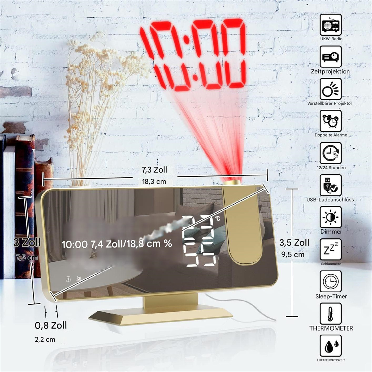 Goldener digitaler Wecker mit Zeitprojektion an die Wand. Zeigt Zeit, Temperatur und Abmessungen an.