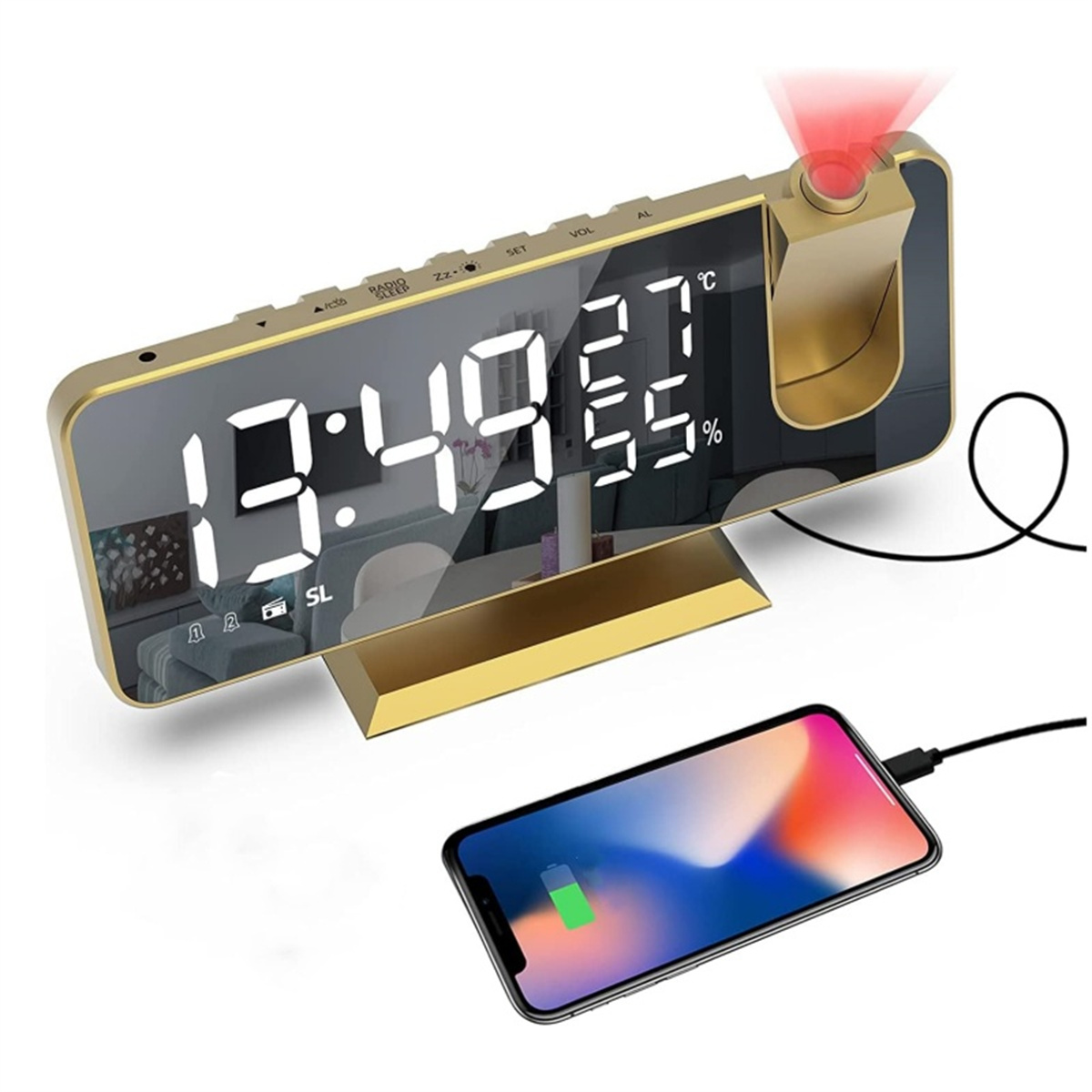 Goldfarbener digitaler Wecker mit Zeit- und Temperaturanzeige. Telefon wird in der Nähe geladen.