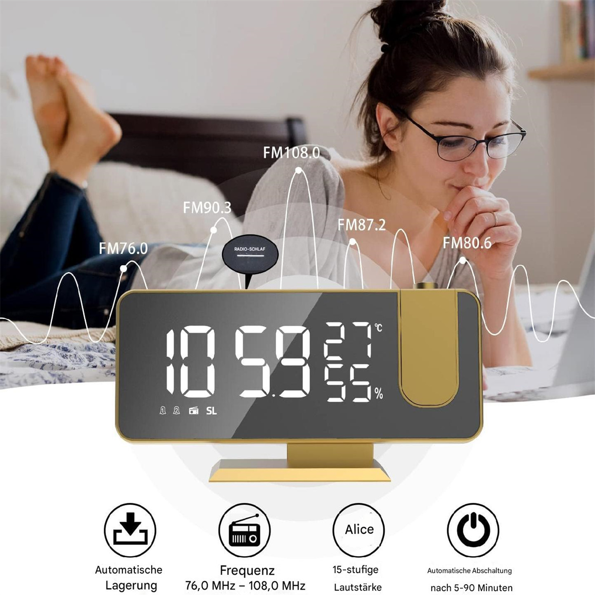 Eine Digitaluhr, die Zeit, Datum und Temperatur anzeigt, mit einer Frau im Hintergrund.