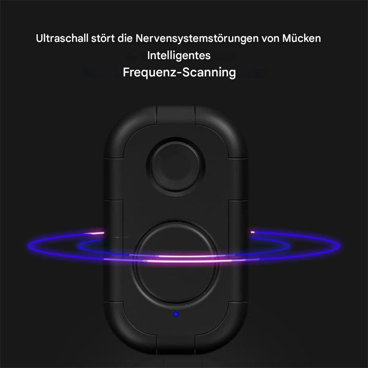 Schwarzes Gerät, das einen blauen Lichtkreis aussendet. Text oben: Ultraschall stört das Nervensystem von Mücken.