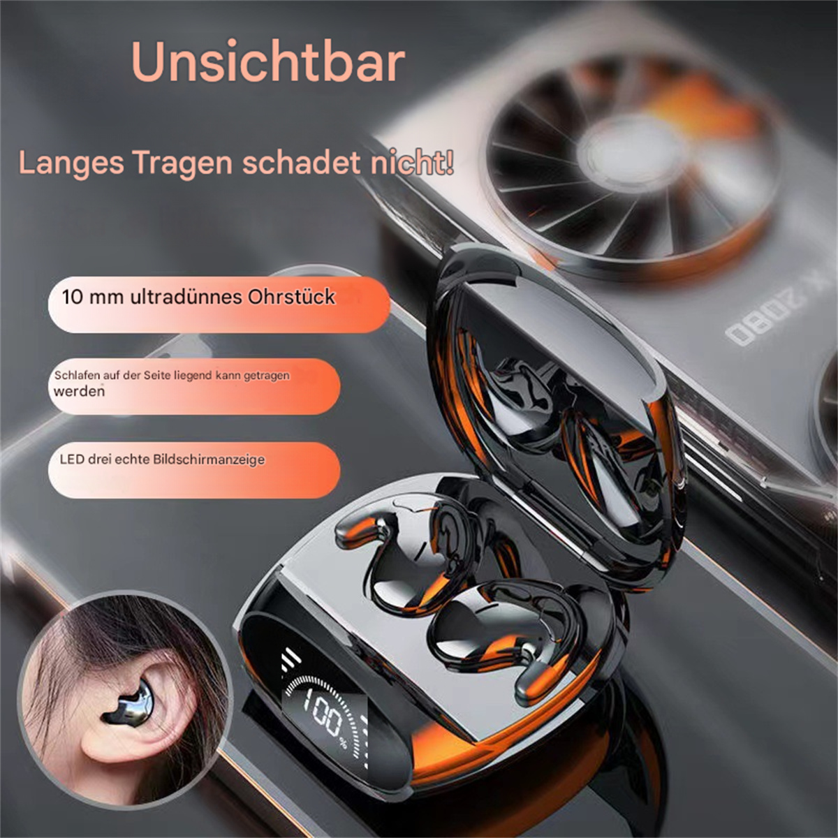 Kabellose Ohrhörer in einem Ladecase, mit orangefarbenen Akzenten und Display.