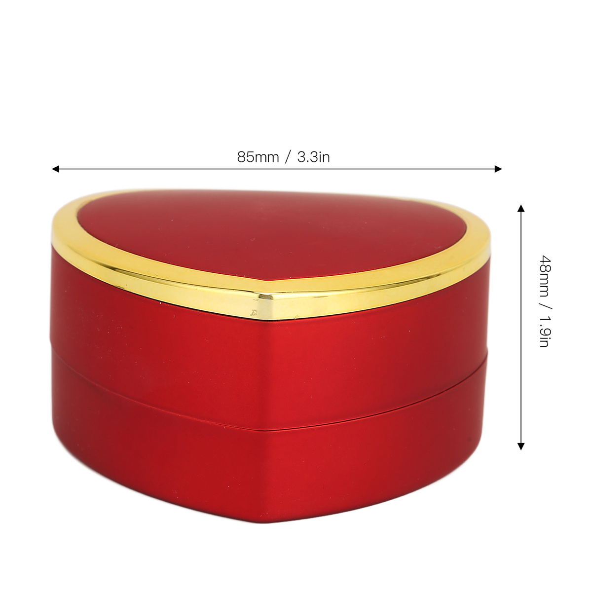 Rote herzförmige Schmuckschatulle mit goldenem Rand. Abmessungen sind 85 mm x 48 mm und 3,3 Zoll x 1,9 Zoll.