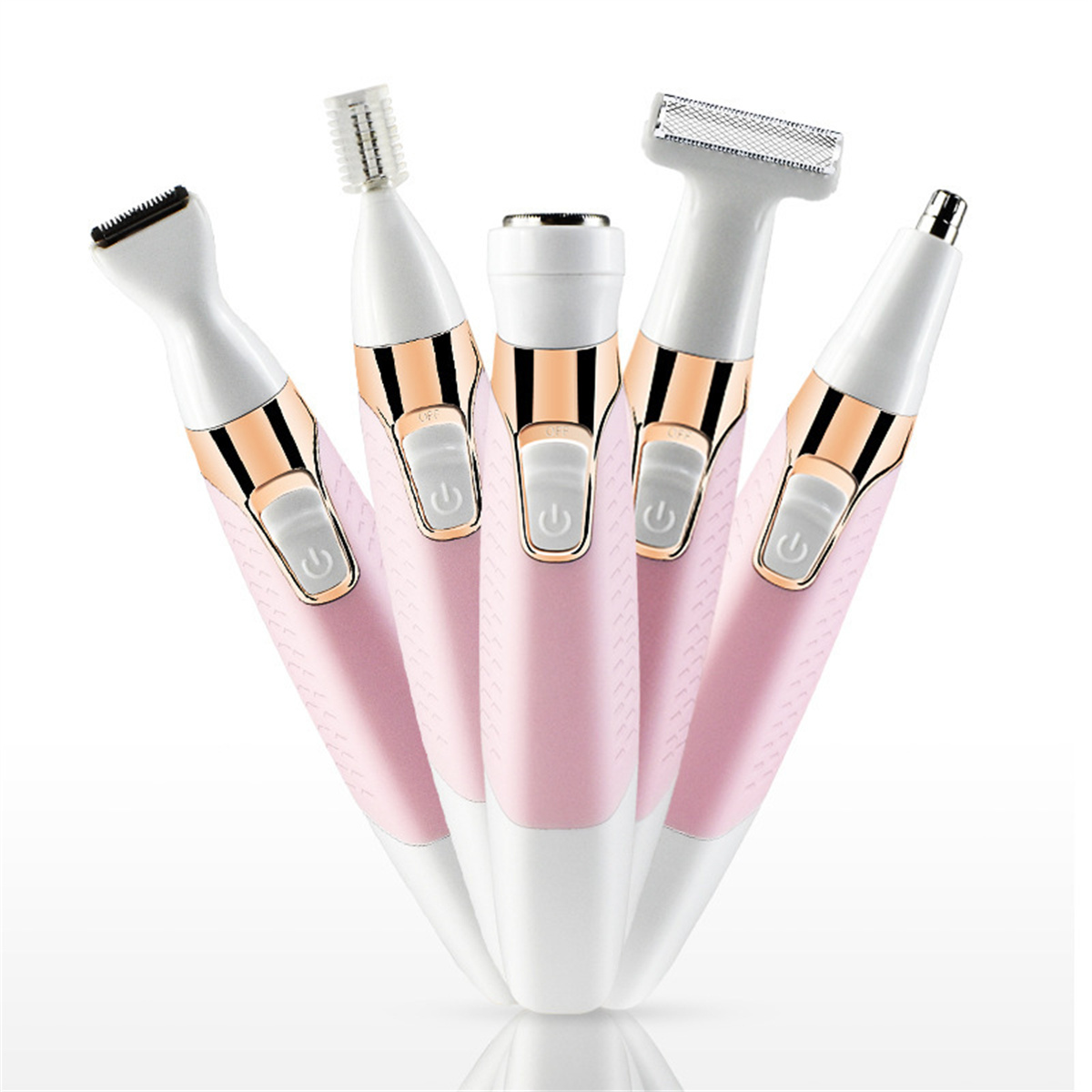 Fünf elektrische Rasierer in Rosa und Weiß. Sie haben roségoldfarbene Akzente.