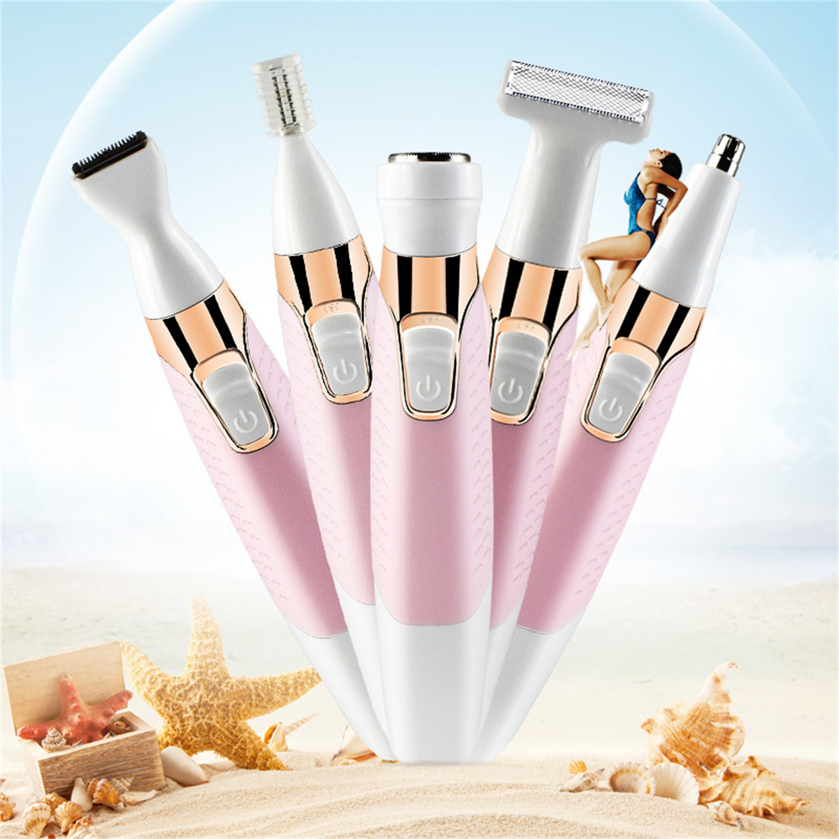 Fünf rosa und weiße Epilierer mit verschiedenen Köpfen, mit Strandhintergrund.