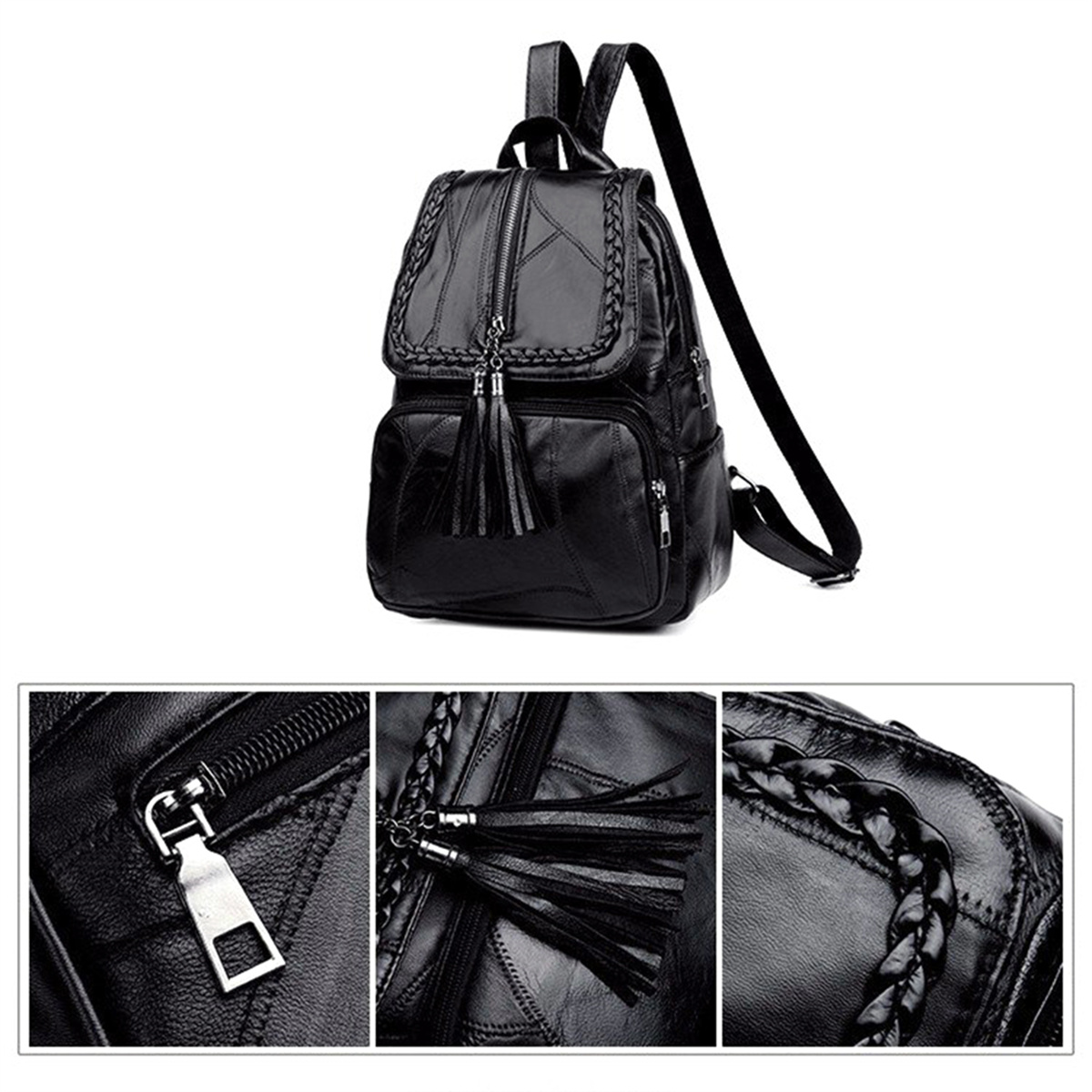 Schwarzer Lederrucksack mit Quasten. Nahaufnahmen von Reißverschluss, Quasten und geflochtenen Details.