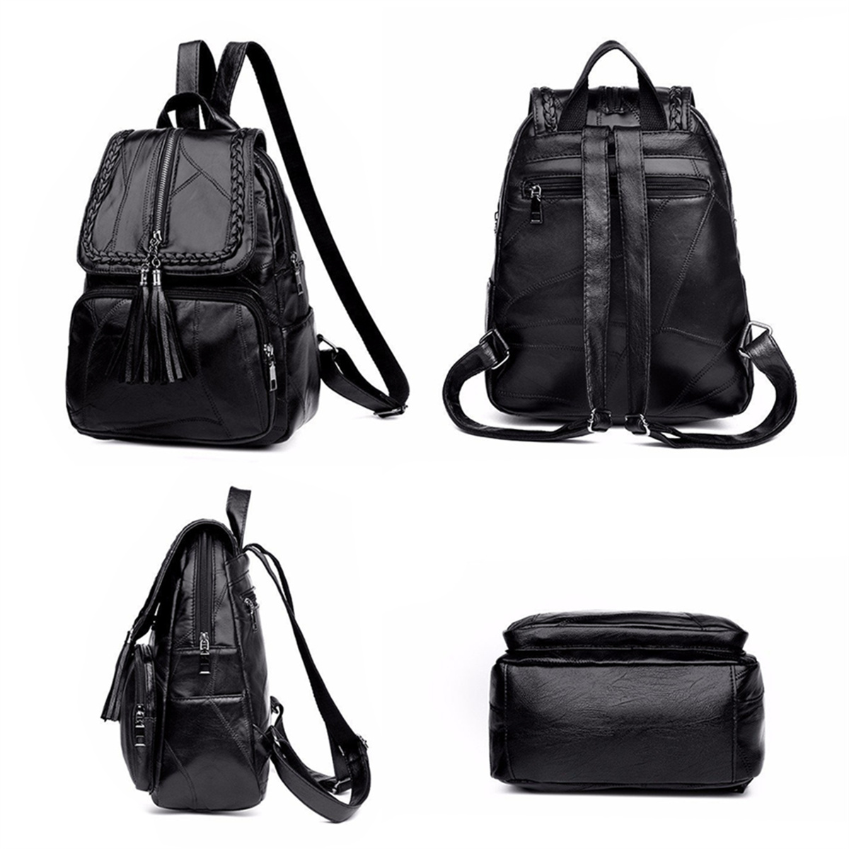 Schwarzer Lederrucksack, mehrere Ansichten, vorne, hinten, Seite und unten, weißer Hintergrund.