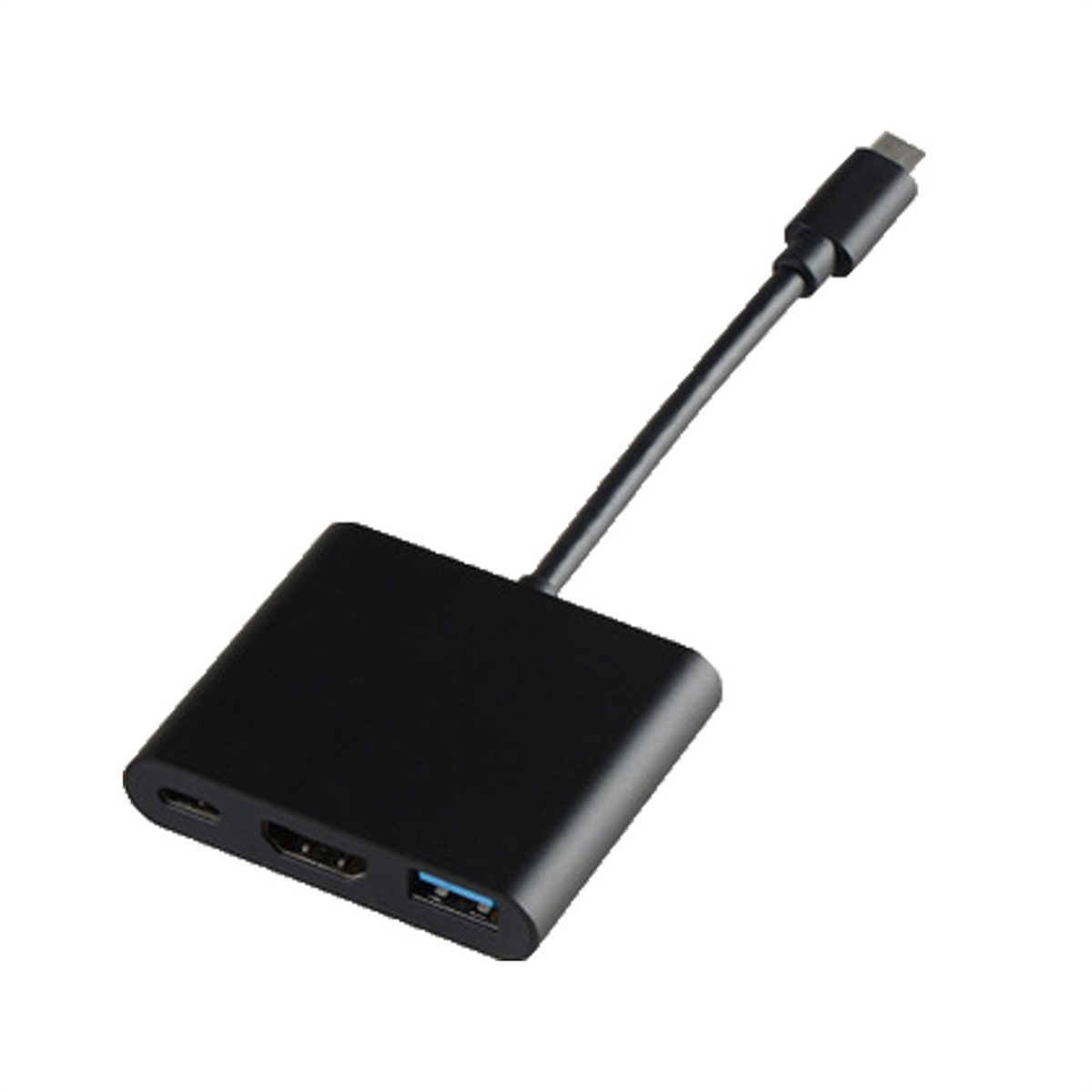 Schwarzer USB-C-Adapter mit mehreren Anschlüssen, einschließlich HDMI und USB-A.