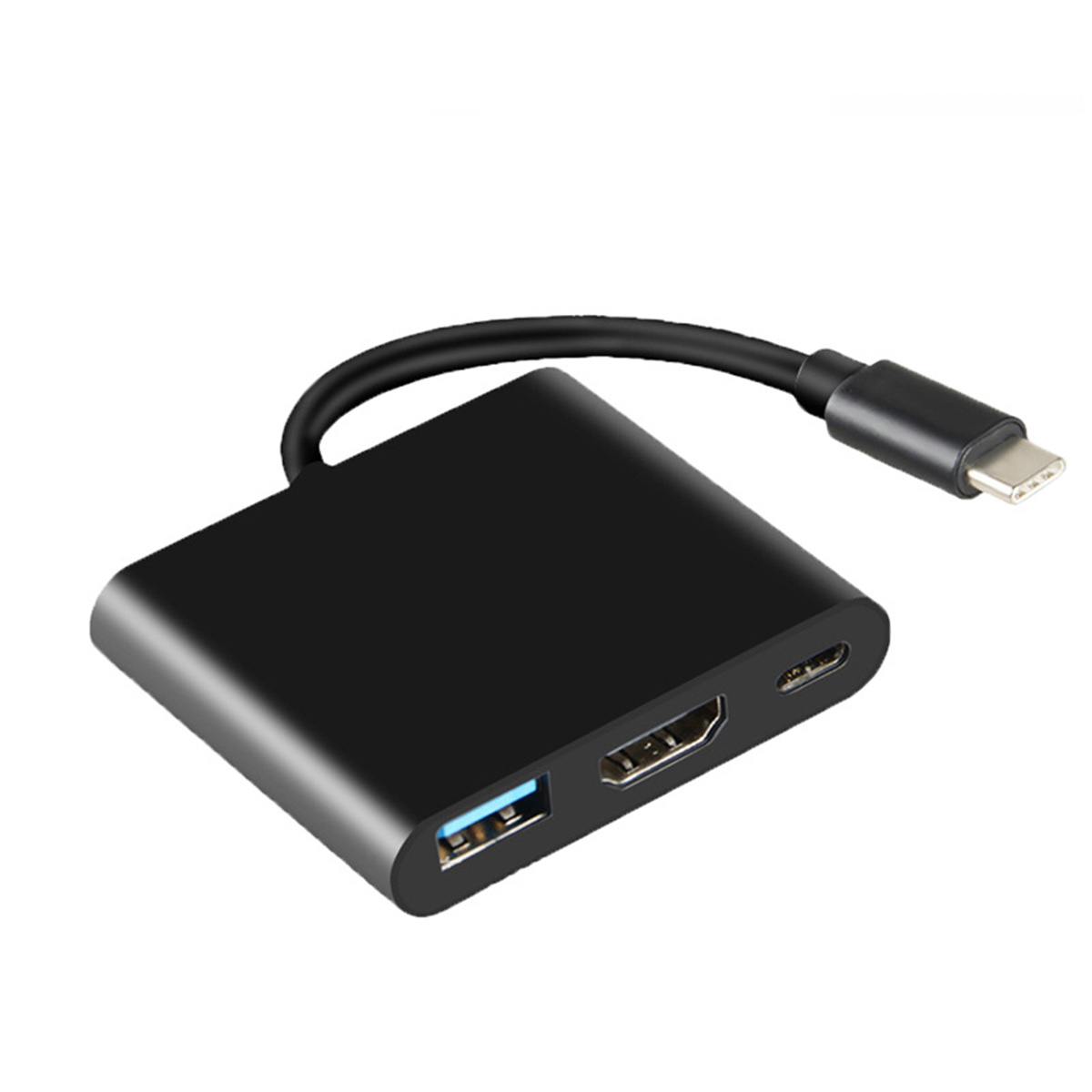 Schwarzer USB-C-Hub mit USB-, HDMI- und USB-C-Anschlüssen. Weißer Hintergrund.