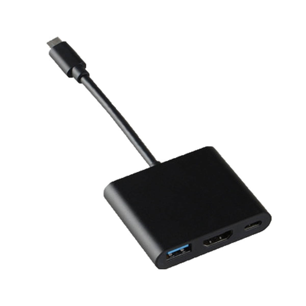 Schwarzer USB-C-Adapter mit USB 3.0-, HDMI- und USB-C-Anschlüssen, vor weißem Hintergrund.