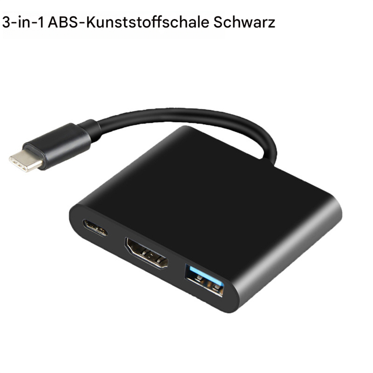 Schwarzer USB-C-Hub mit HDMI- und USB-Anschlüssen, an ein Kabel angeschlossen. Weißer Hintergrund.