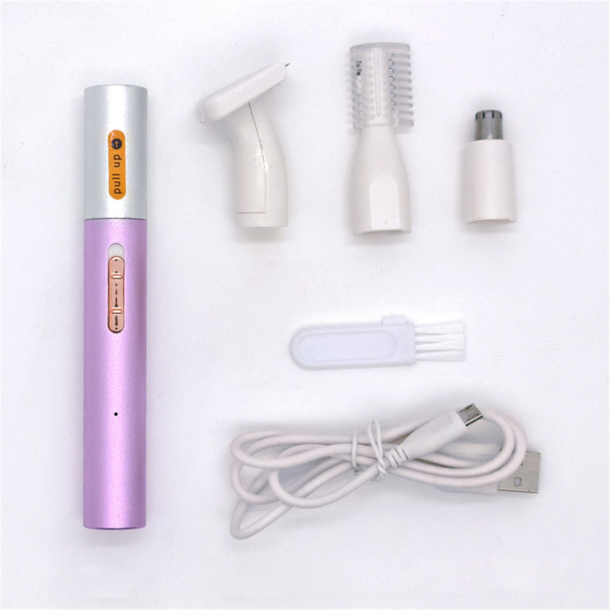 Ein Set von Pflege-Tools, darunter ein Trimmer, verschiedene Köpfe, eine Bürste und ein USB-Ladekabel.