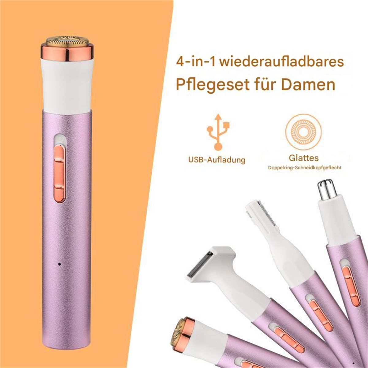 Ein pinkes und weißes 4-in-1 wiederaufladbares Pflege-Set für Damen mit mehreren Aufsätzen.