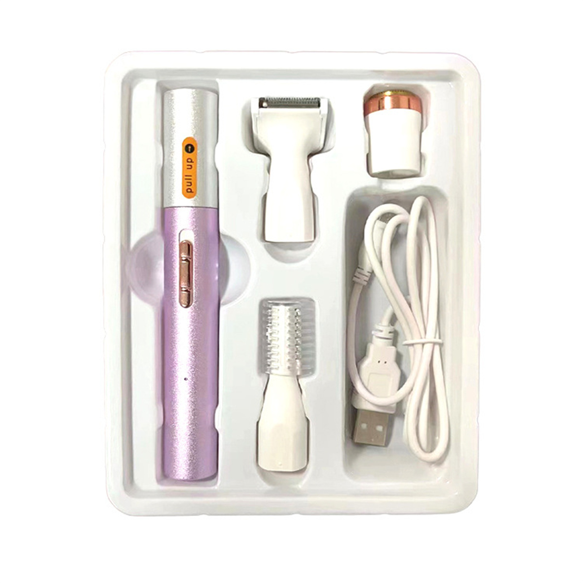 Eine weiße Ablage mit einem lila elektrischen Trimmer, zwei Aufsätzen und einem USB-Ladekabel.