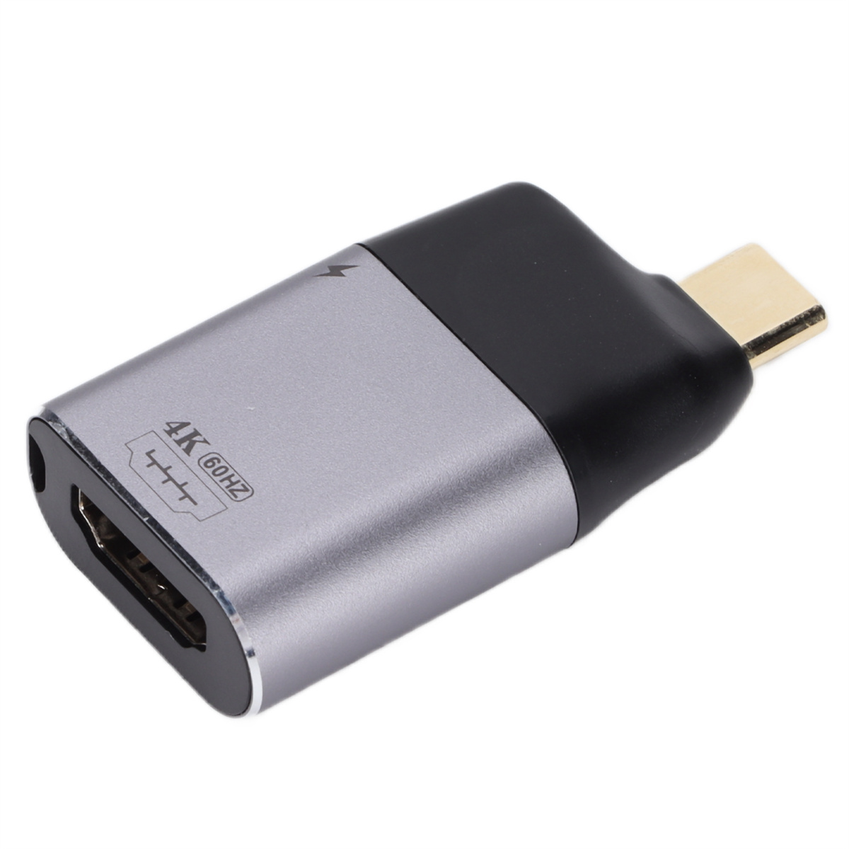 Silber-schwarzer 4K-HDMI-Adapter, zeigt HDMI-Eingang und USB-C-Anschluss.