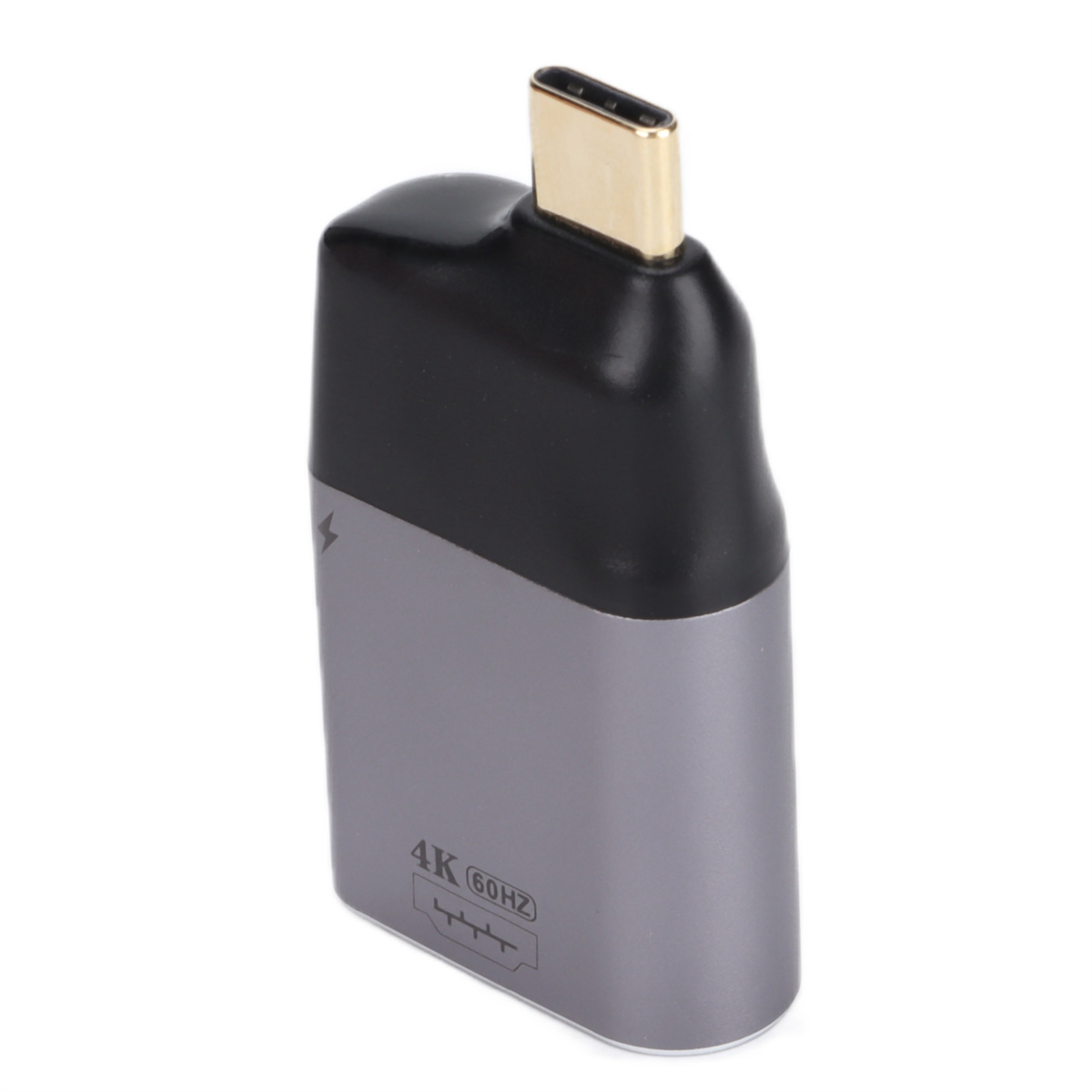 Ein USB-C-Adapter, grau und schwarz, mit einem goldfarbenen Anschluss. Er ist mit 4K 60Hz und einem Blitz gekennzeichnet.