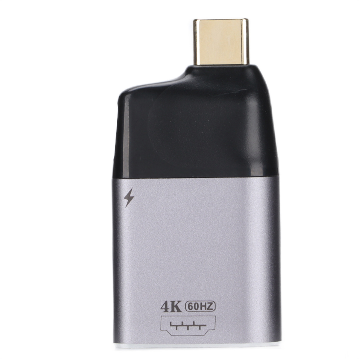 Silber-schwarzer Adapter mit USB-C-Anschluss und HDMI-Anschluss. Text sagt 4K 60Hz.
