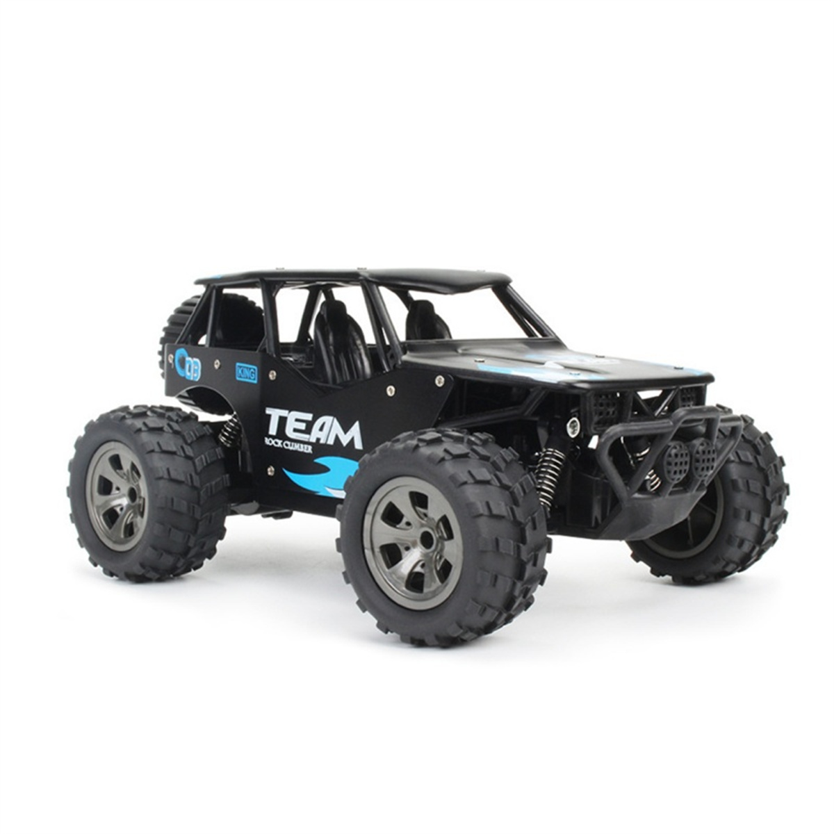 Ein schwarzes ferngesteuertes Auto mit großen Reifen. Es hat ein blaues Design und den Text 'TEAM ROCK CLIMBER'.