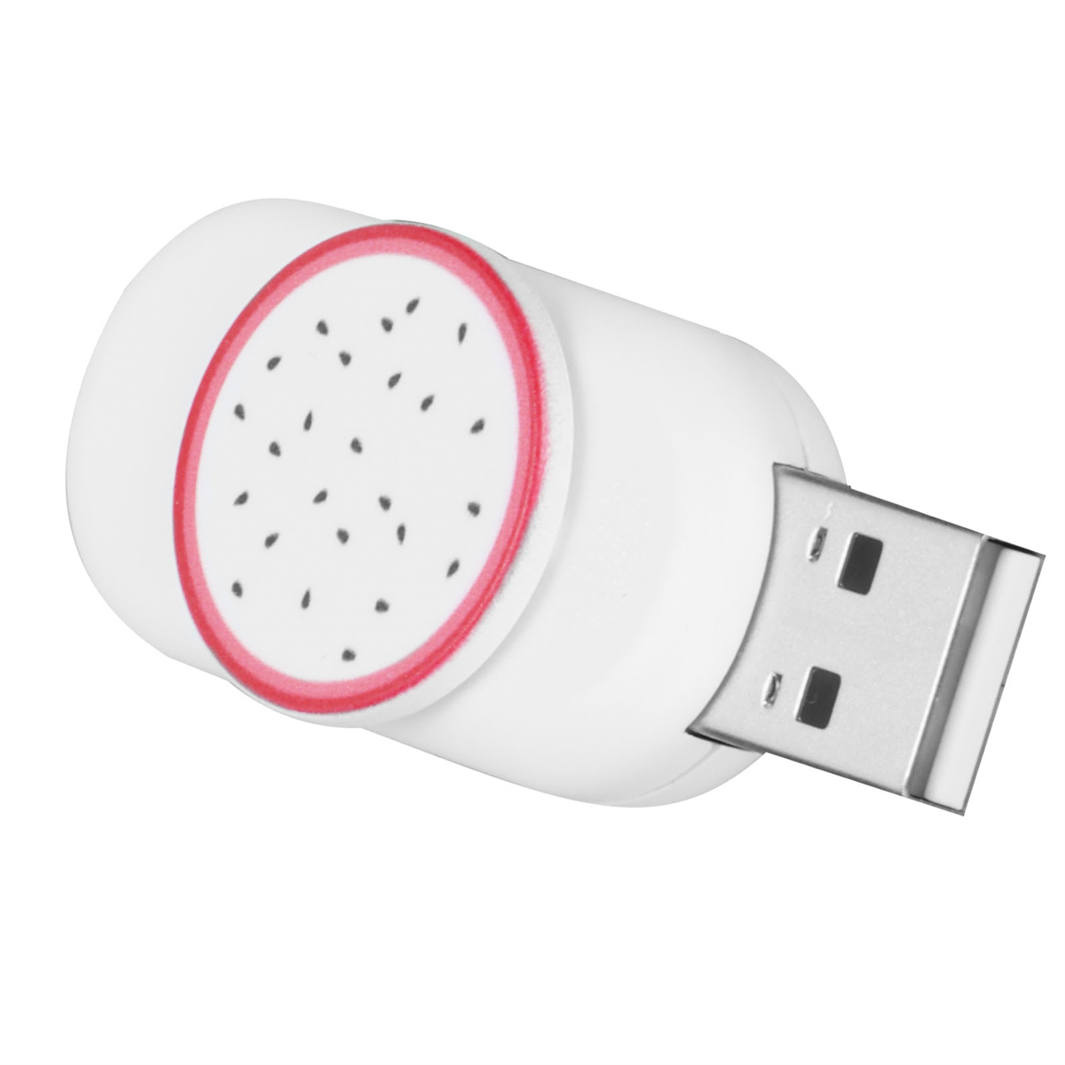 Weißer USB-Stick mit Pitaya-Design auf der einen und USB-Anschluss auf der anderen Seite.