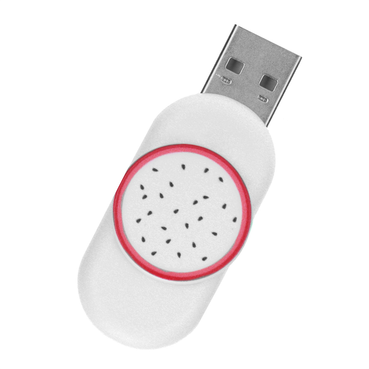 Weißer USB-Stick mit Pitaya-Design. Der metallische Stecker ist sichtbar. Weißer Hintergrund.