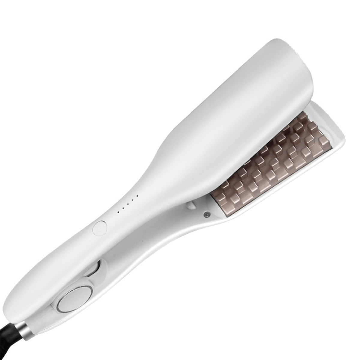 Weißer Haarglätter mit schwarzem Kabel und braunen Heizplatten, Winkelansicht.