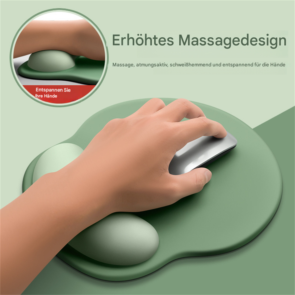 Eine Hand benutzt eine Maus auf einem grünen ergonomischen Mauspads mit Handgelenkstützen.