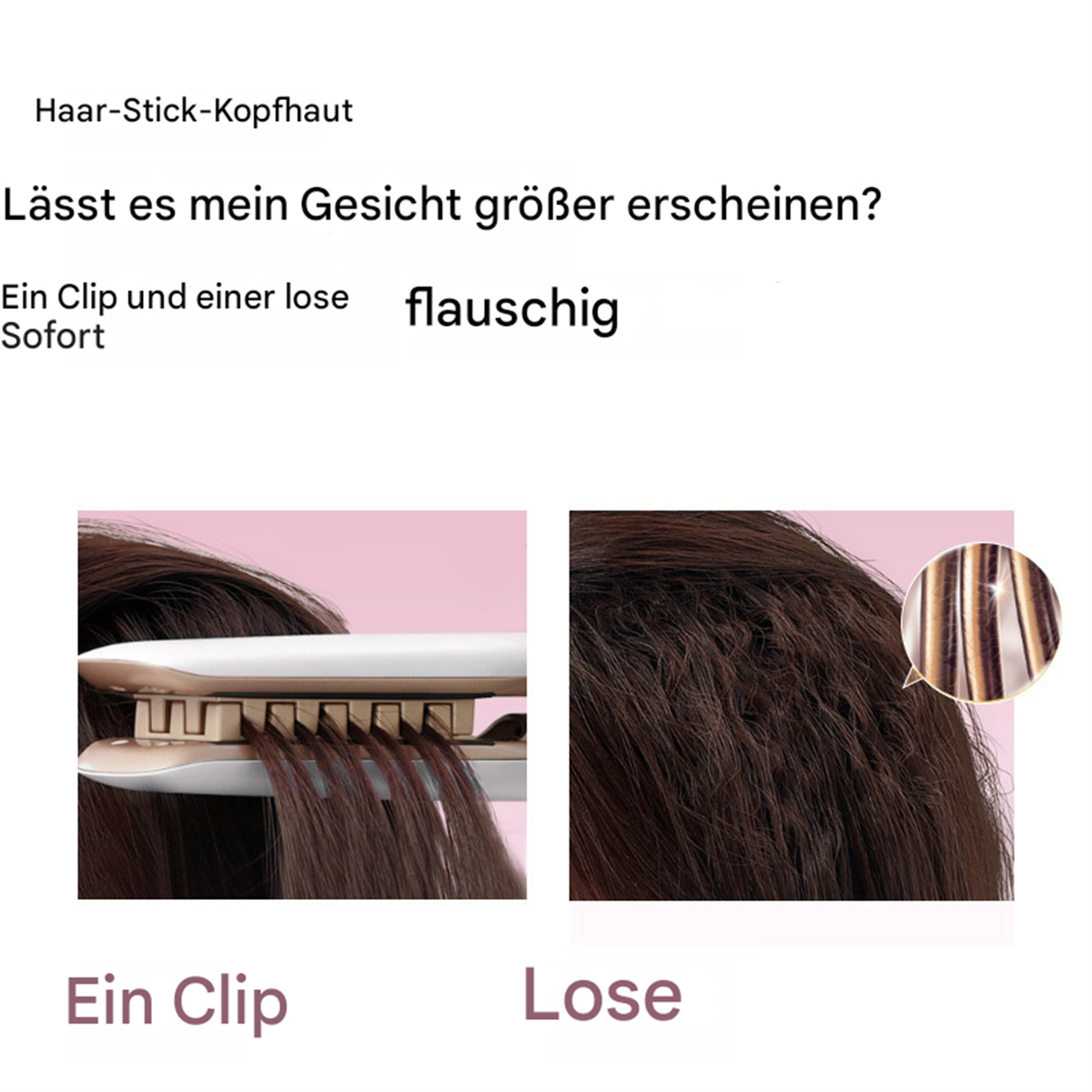 Zwei Bilder, die mit einem Haarstyling-Tool gestyltes Haar zeigen. Ein Clip zeigt das Haar davor, das andere danach.