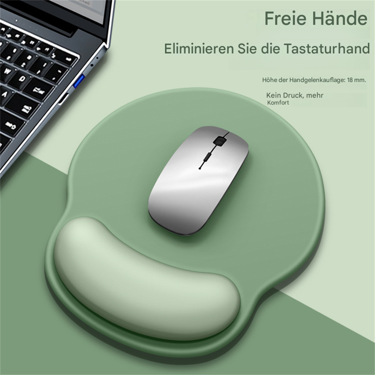 Grünes Mauspad mit Handgelenkstütze. Eine silberne Maus befindet sich auf dem Pad.