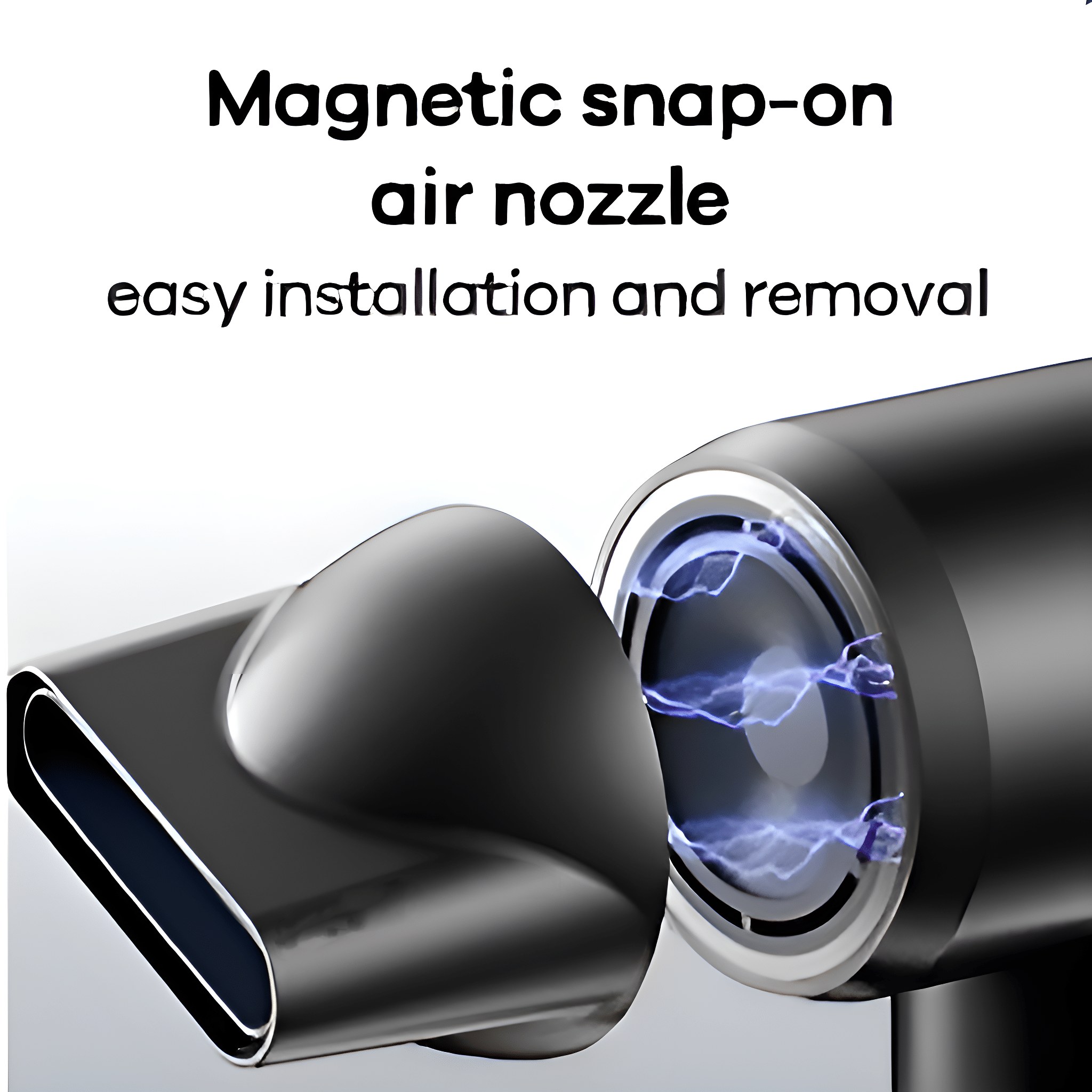 Nahaufnahme einer schwarzen Haartrocknerdüse mit magnetischem Schnappverschluss.