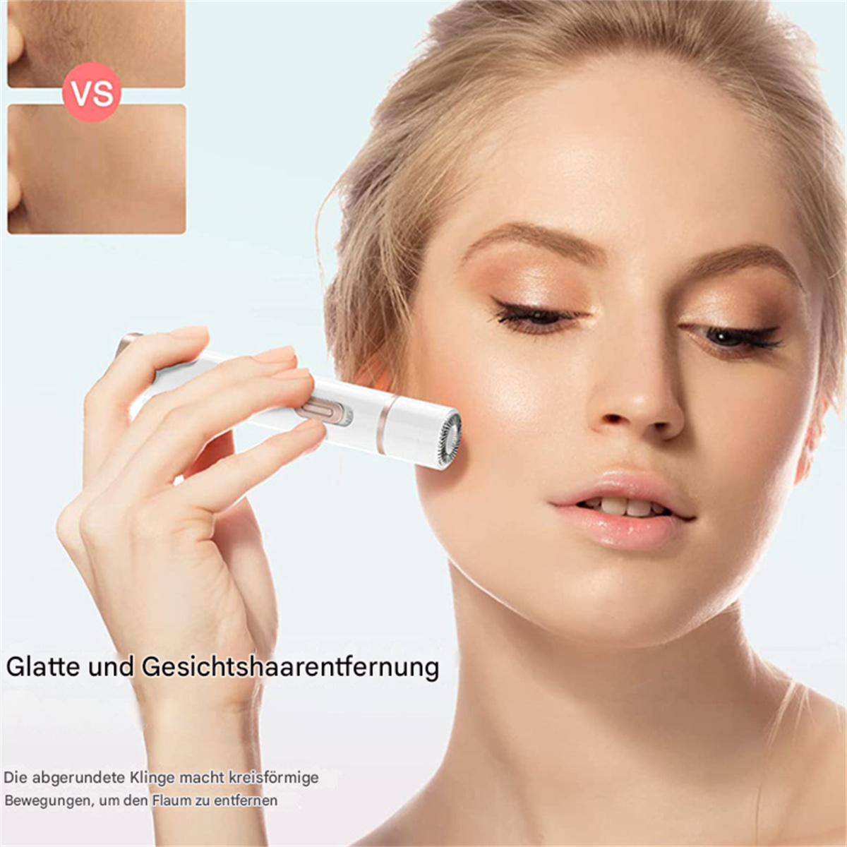 Eine Frau benutzt einen Gesichtshaarentferner, Nahaufnahme mit Vergleich glatter und rauer Haut.