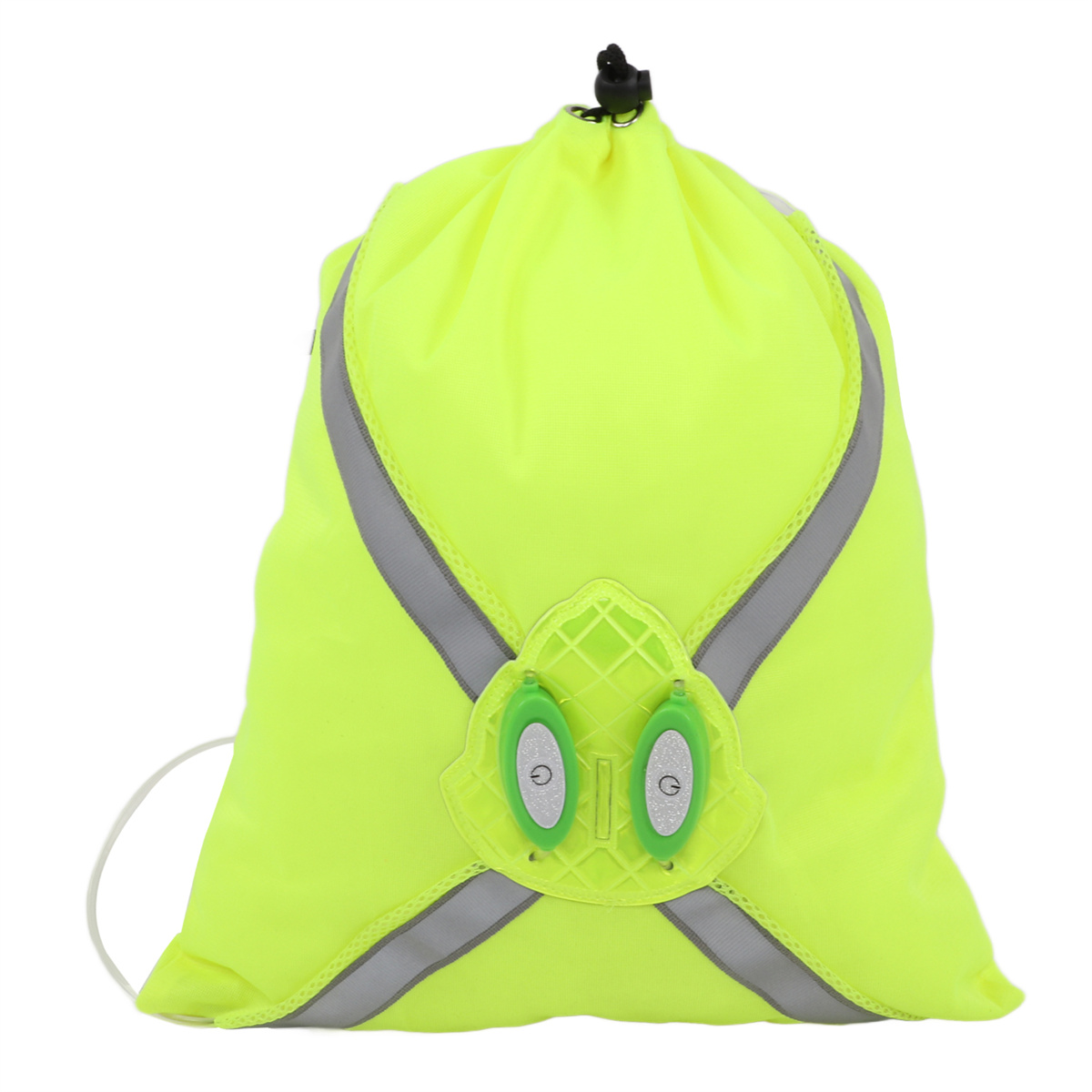 Ein neongelber Kordelzug-Rucksack mit reflektierenden Streifen und einem grünen Lichtpaneel.