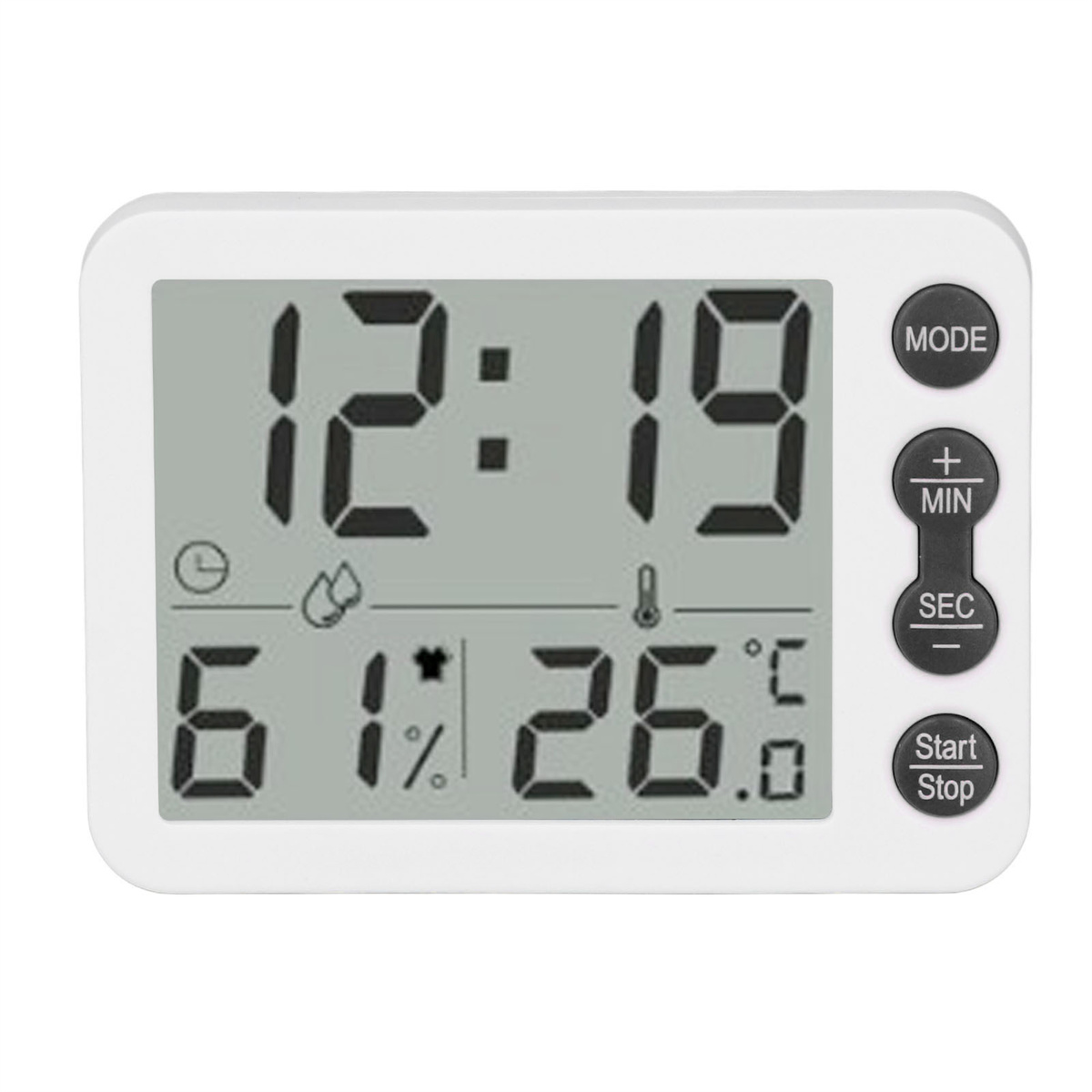 Weiße Digitaluhr zeigt 12:19, Luftfeuchtigkeit, Temperatur und Steuertasten an.