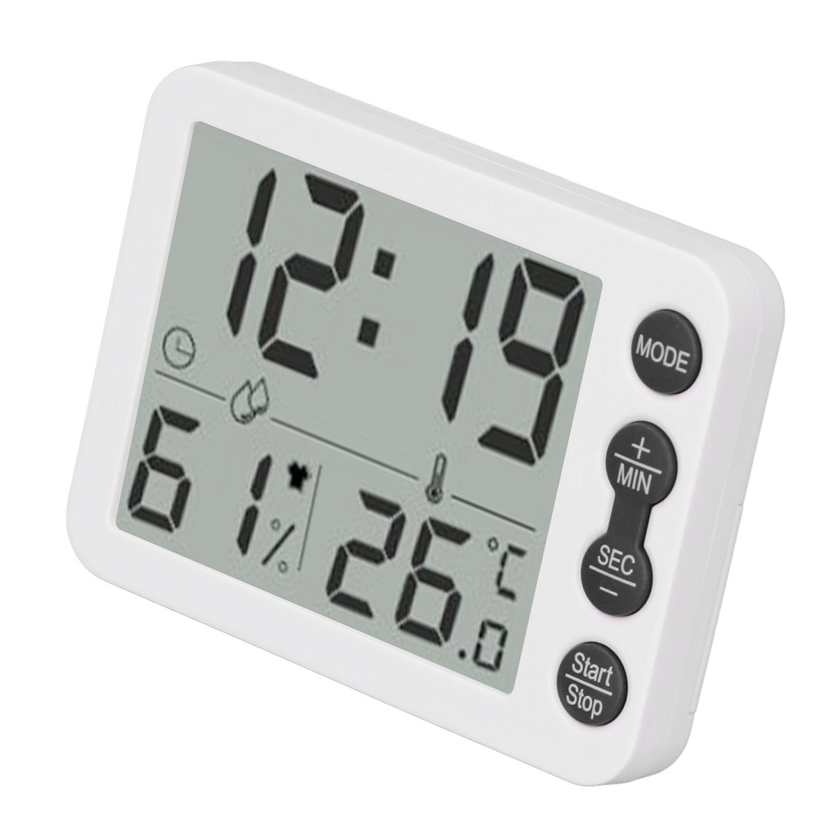 Weißer digitaler Küchentimer mit der Anzeige 12:19. Knöpfe: Mode, +/Min, Sec und Start/Stop.