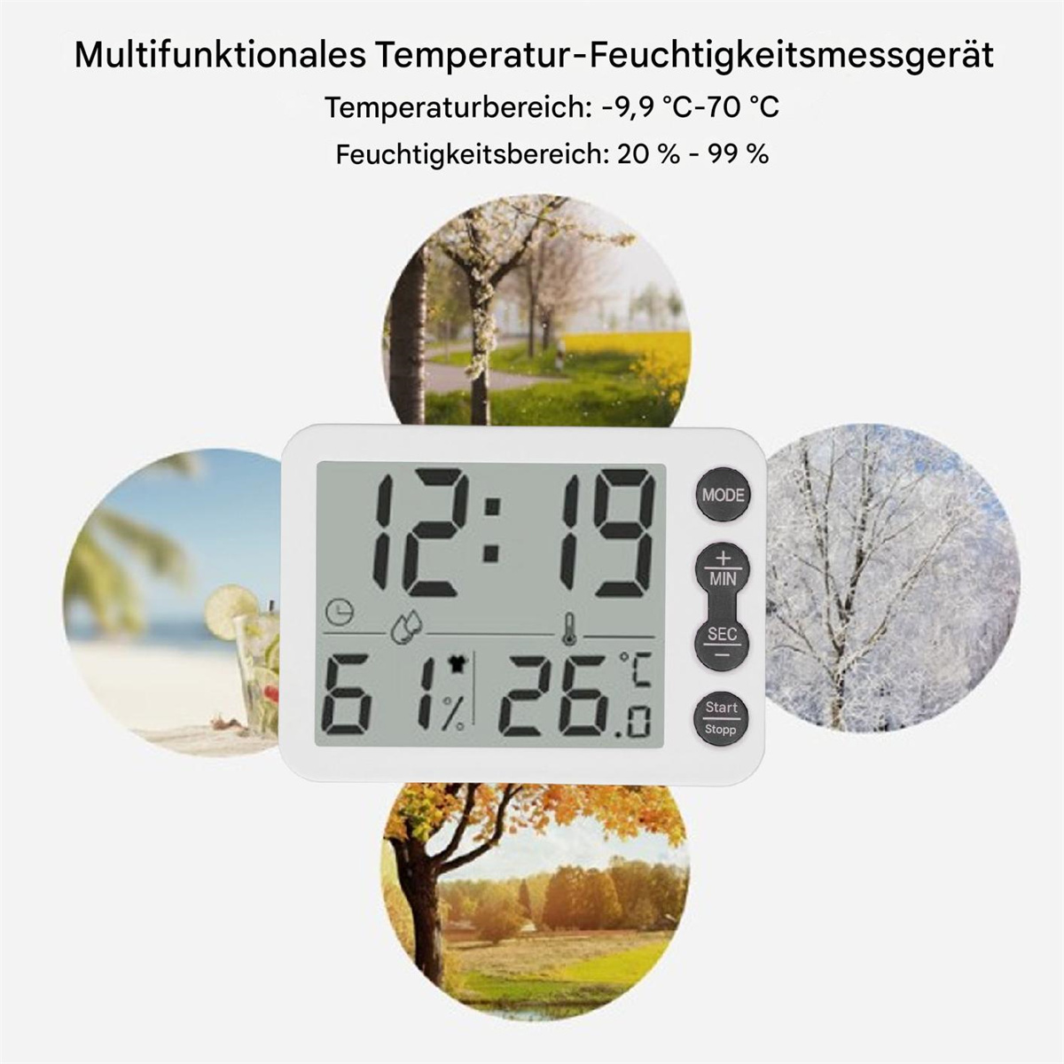 Digitales Thermometer mit Uhr, Feuchtigkeitsanzeige und Bildern verschiedener Umgebungen.