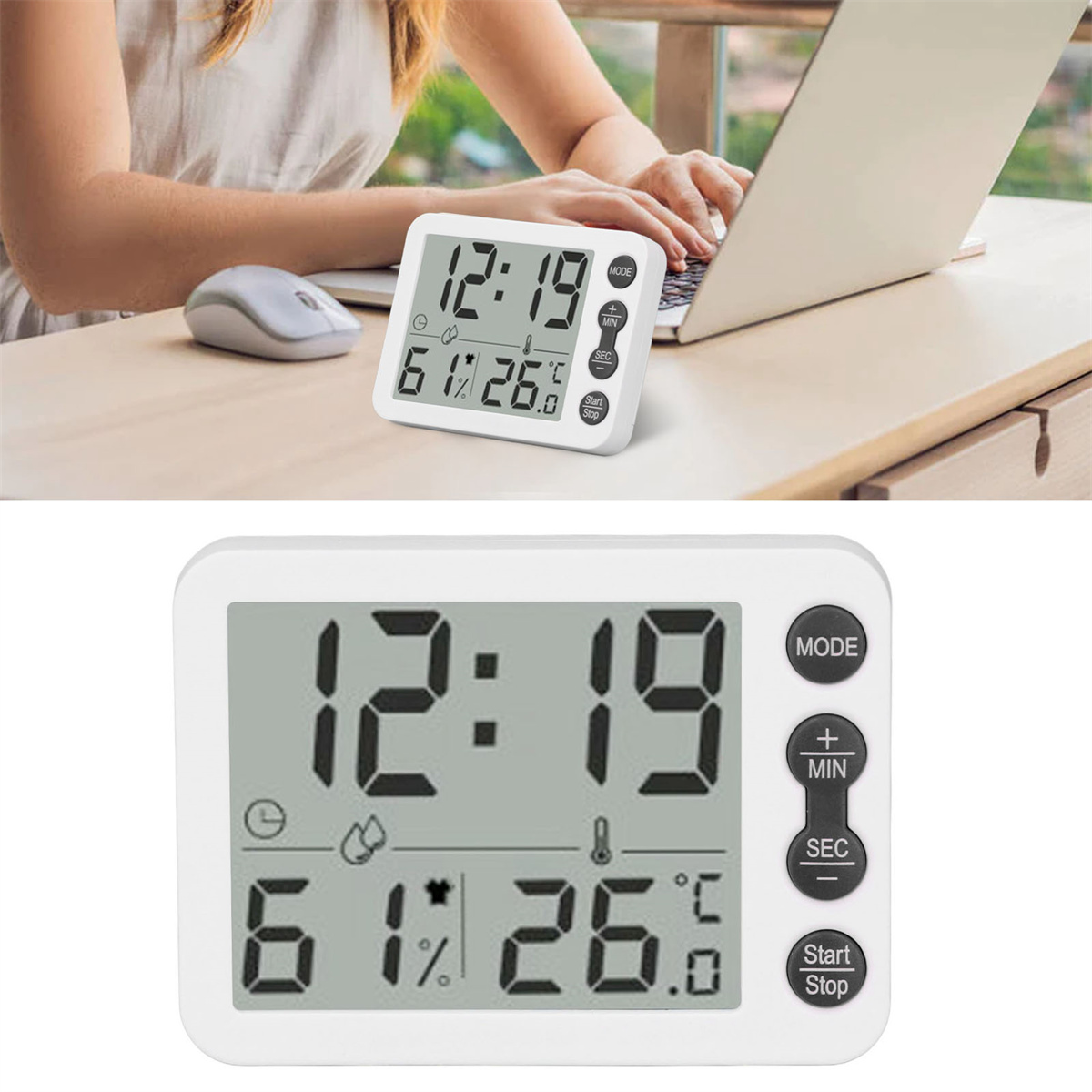 Ein weißer digitaler Timer, der Zeit und Temperatur anzeigt. Eine Person arbeitet am Laptop.