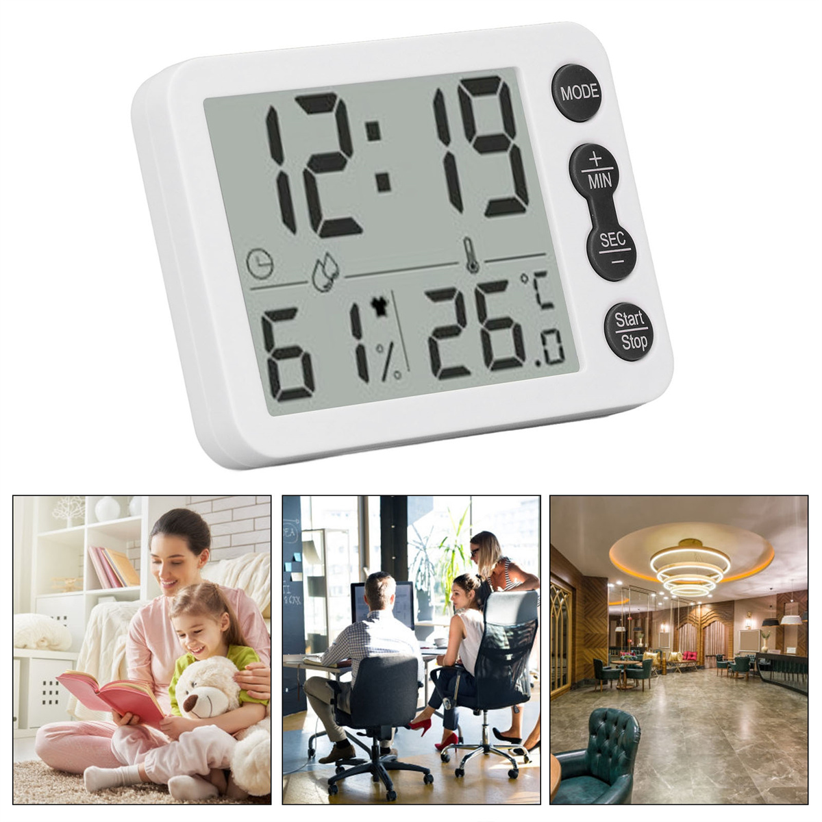 Weißer digitaler Timer mit 12:19, 61% und 26,0°C. Drei kleinere Szenen darunter.