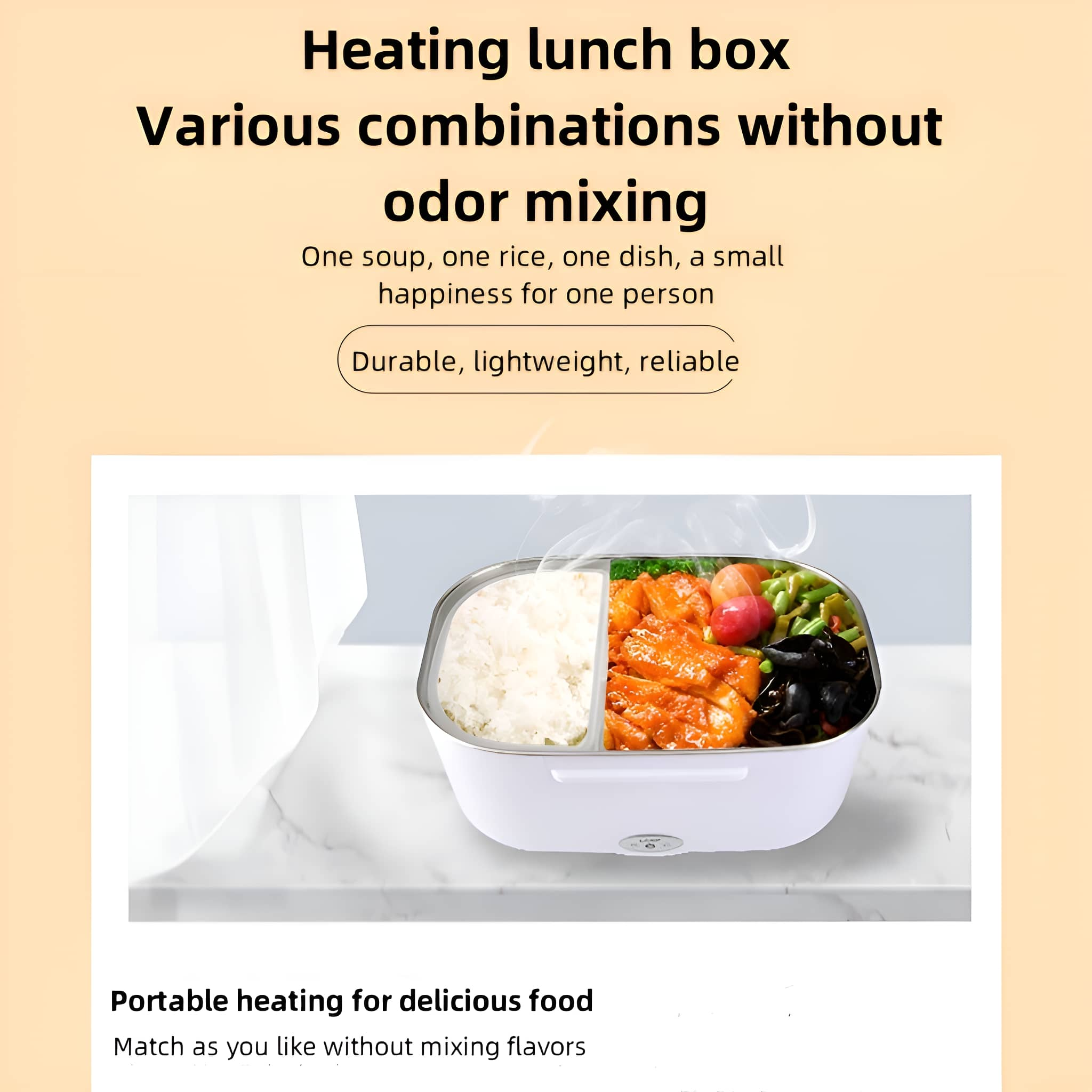 Eine weiße, zweigeteilte beheizte Lunchbox mit Essen, auf weißer Oberfläche. Text-Overlays.