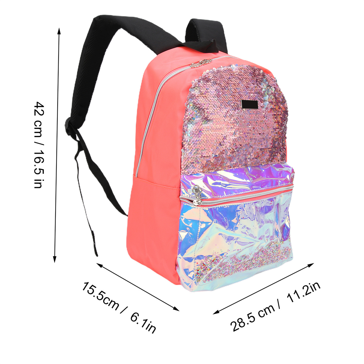 Pinker Rucksack mit Pailletten, schwarzen Trägern und einer holografischen Tasche. Maße sind sichtbar.