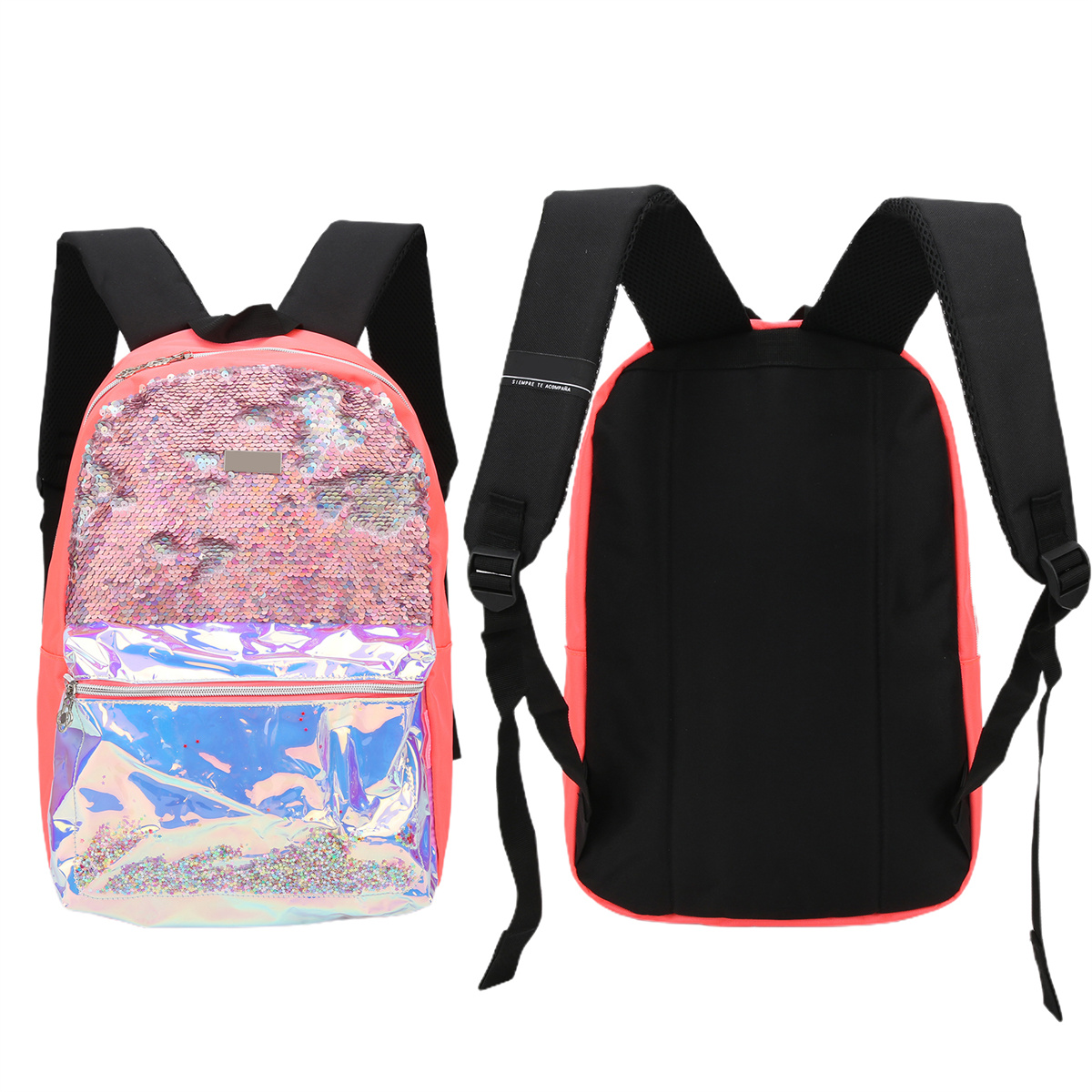 Rosa Rucksack mit Pailletten und Klarsichttasche.