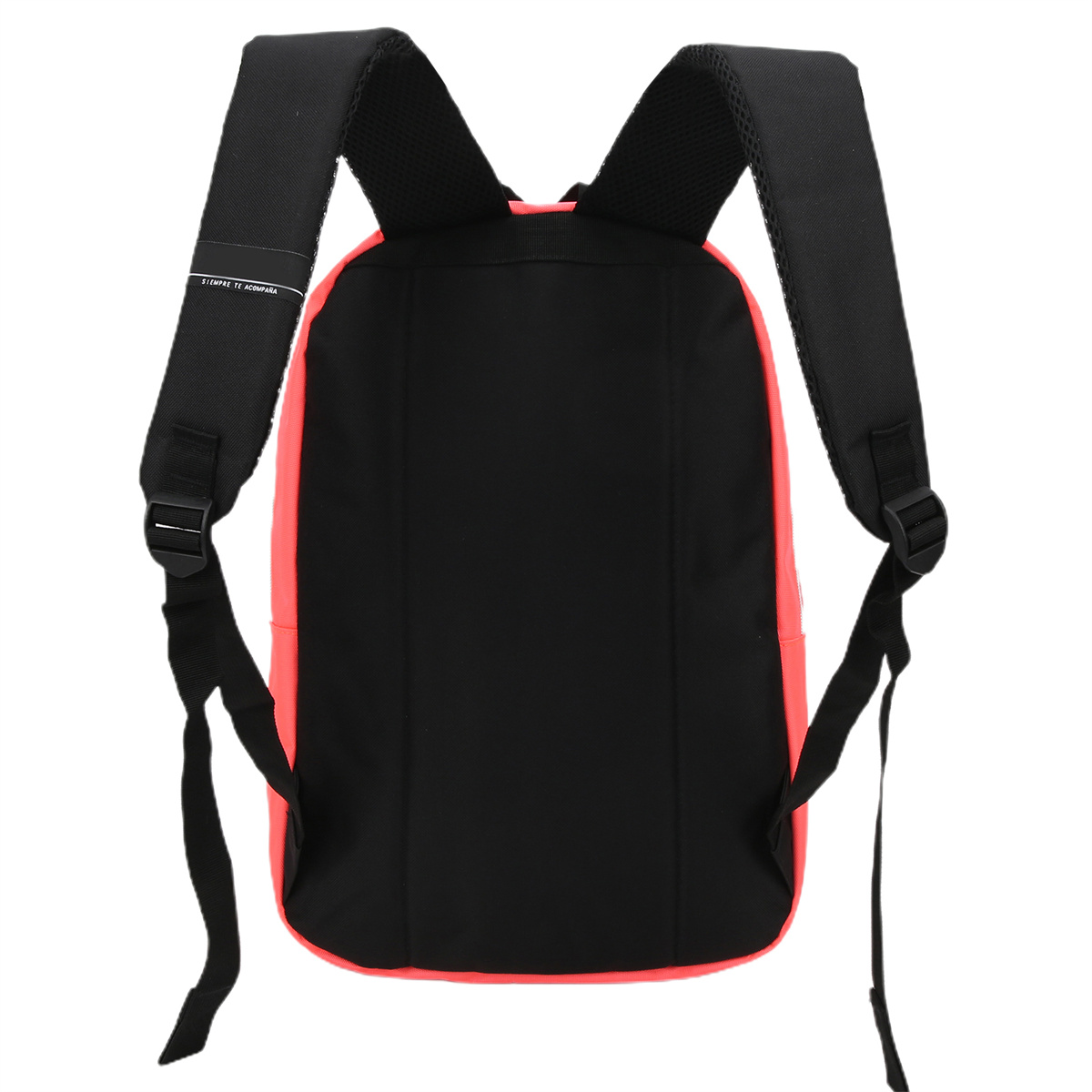 Roter und schwarzer Rucksack, von hinten gesehen, mit verstellbaren Trägern.